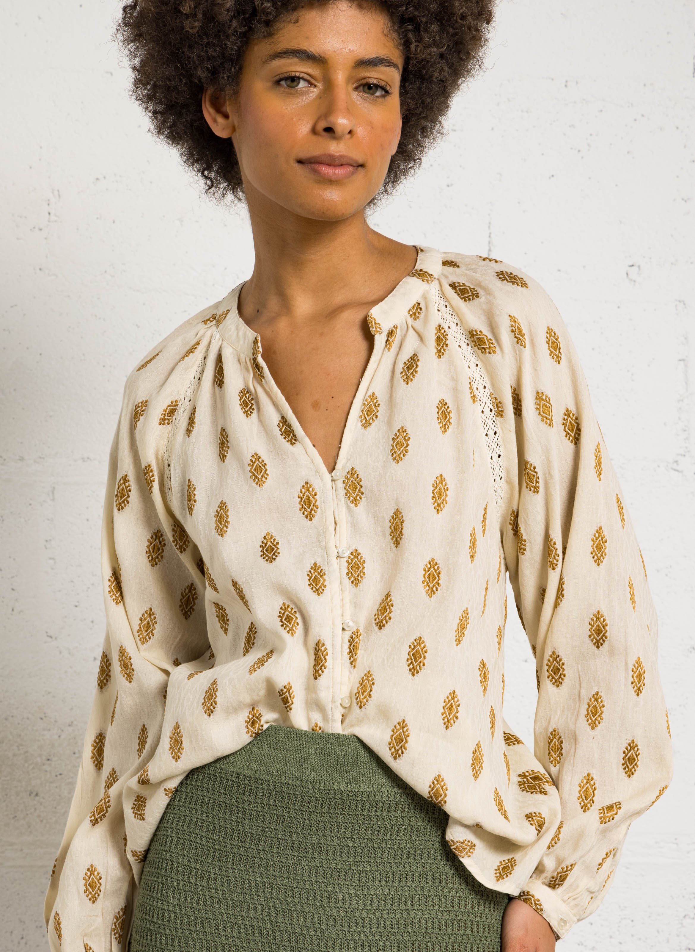 Blouse brodée col tunisien SUD EXPRESS Beige