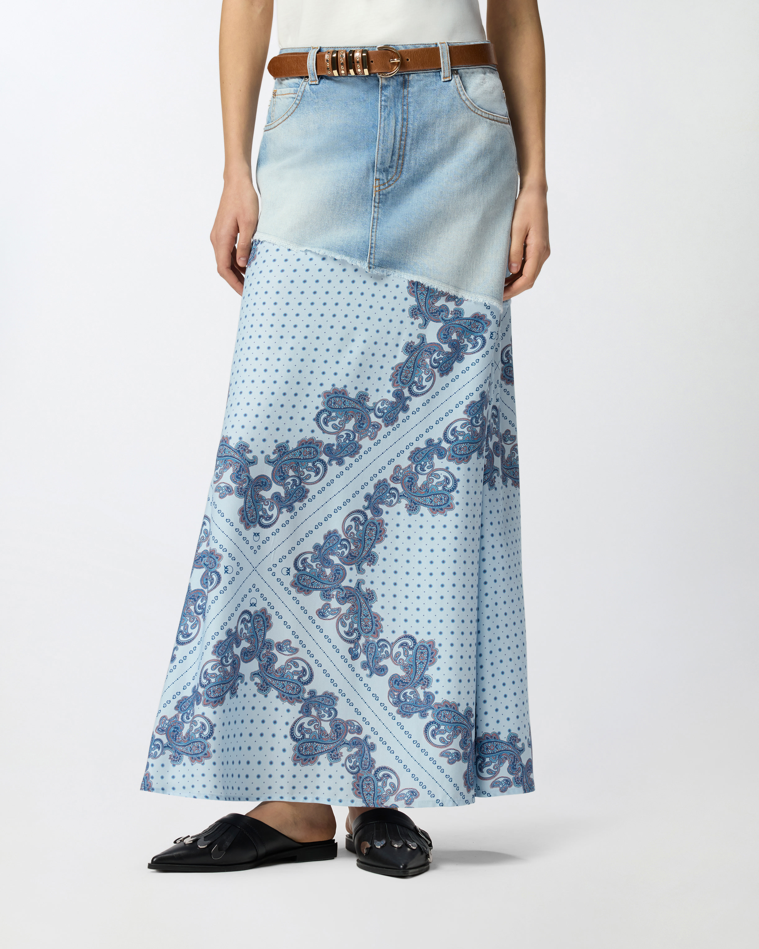 Long denim skirt with scarf print PINKO Multicolored