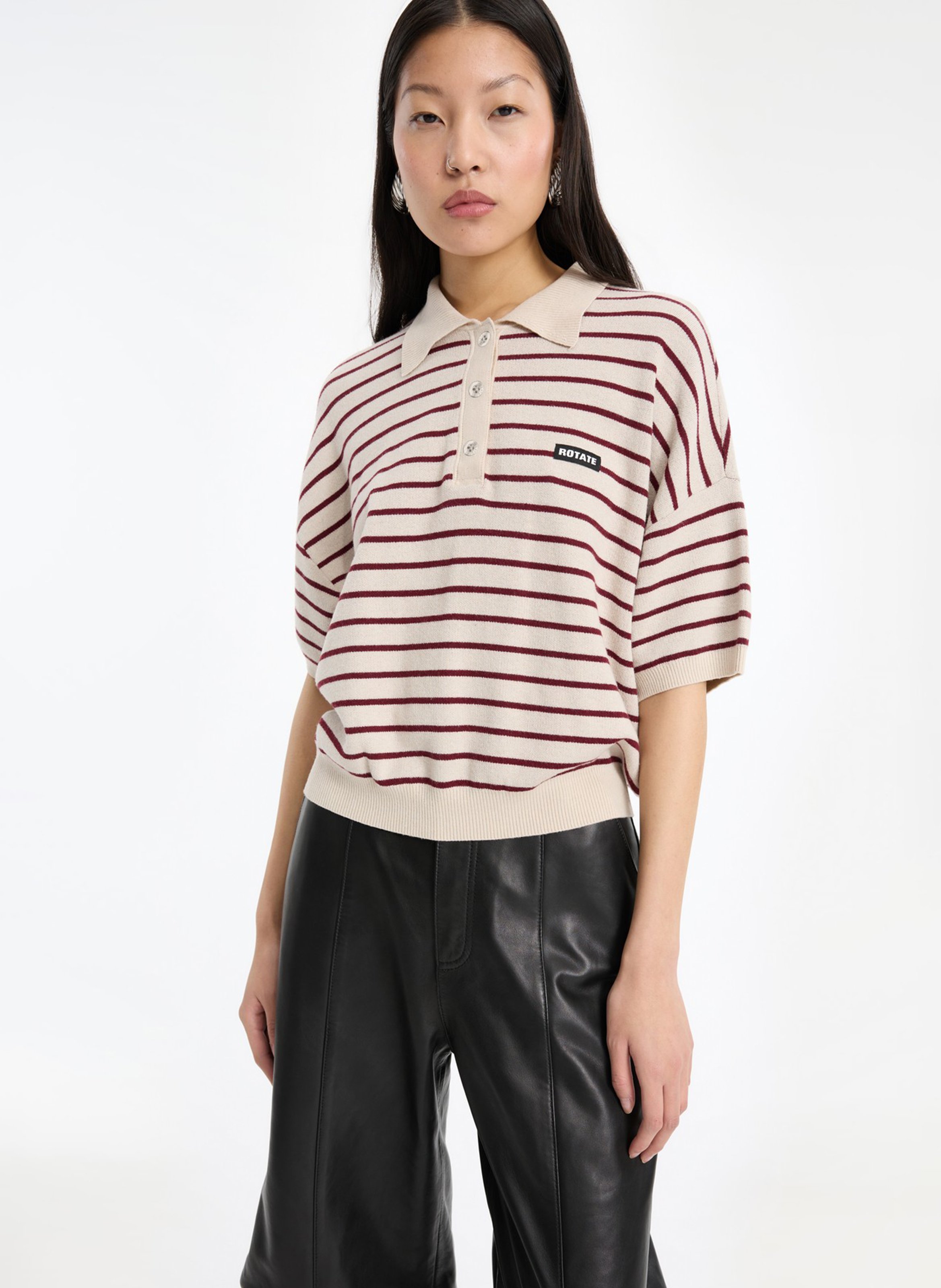 Gestreiftes Poloshirt mit weiten kurzen Ärmeln ROTATE Beige