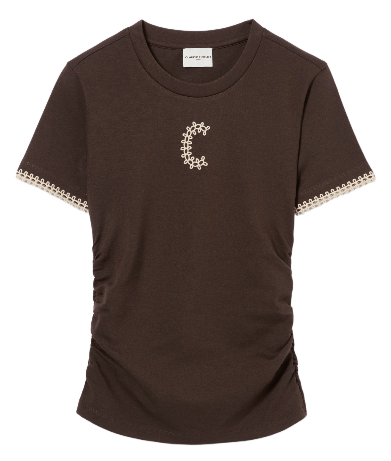 Recht T-shirt met ronde hals en geborduurd detail. CLAUDIE PIERLOT Bruin