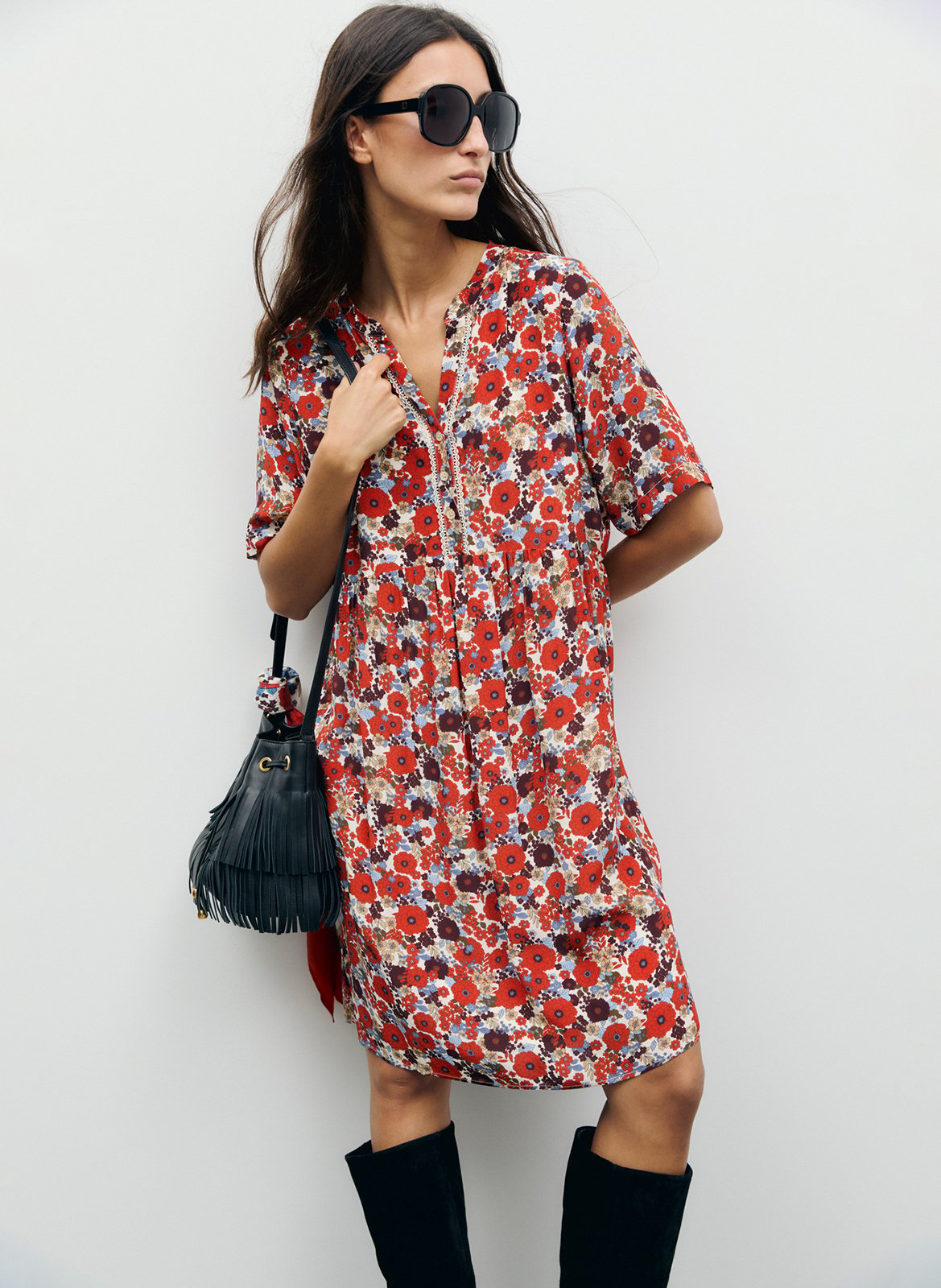 Short printed V-neck dress GERARD DAREL Beige