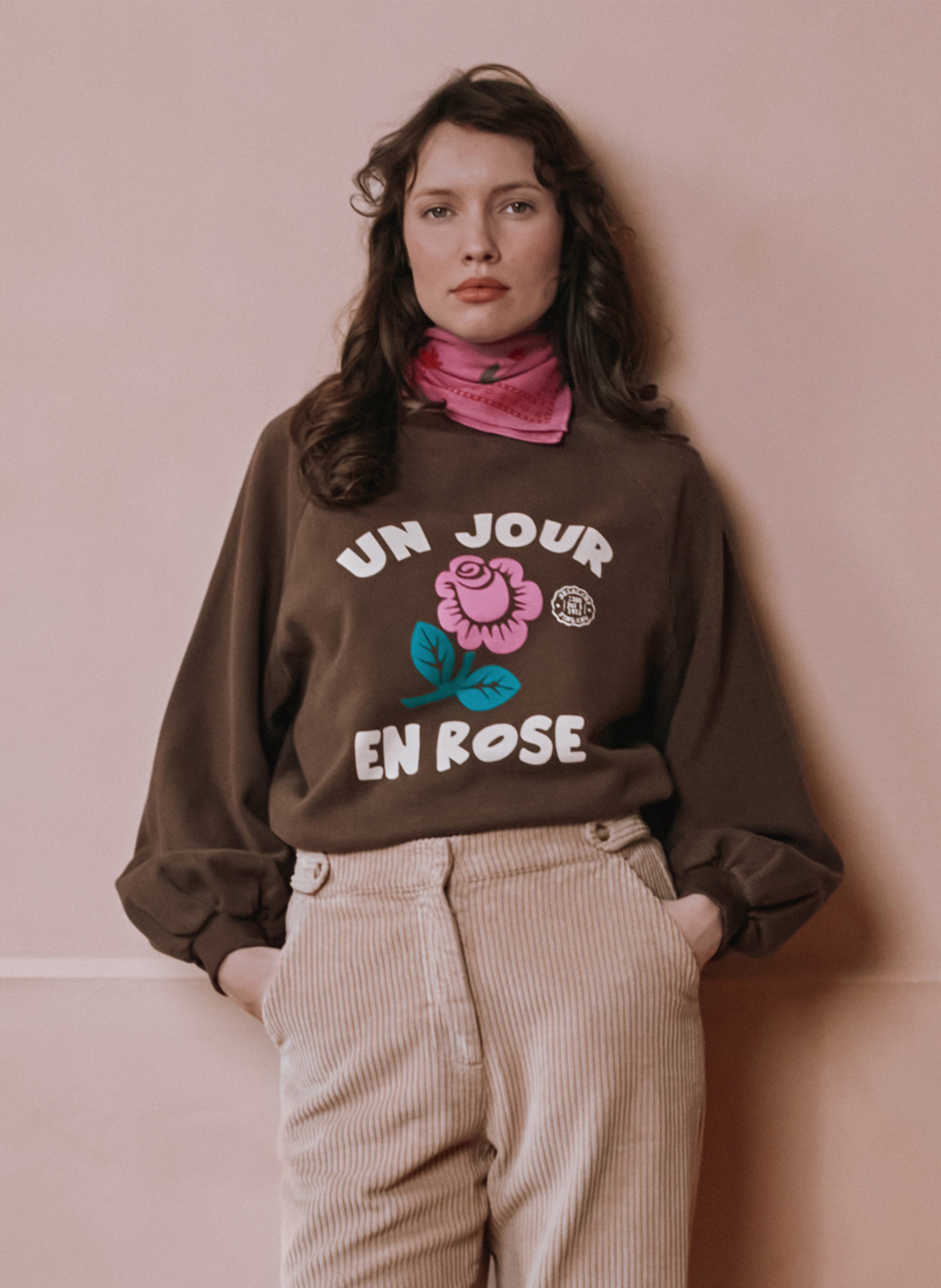 Sweat oversize col rond en coton bio imprimé EMILE ET IDA Marron