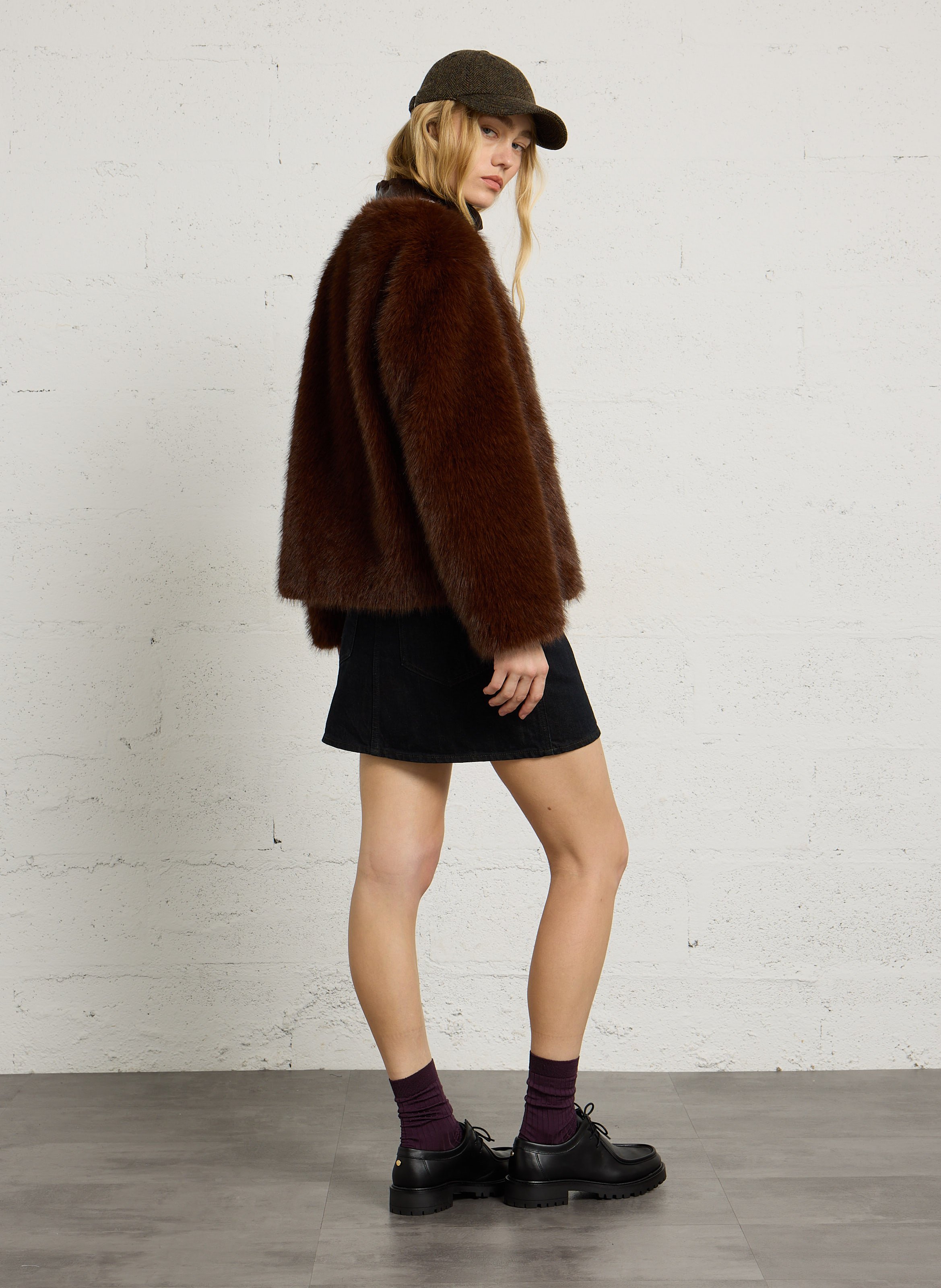 Veste droite en fourrure synthétique LEON & HARPER Marron