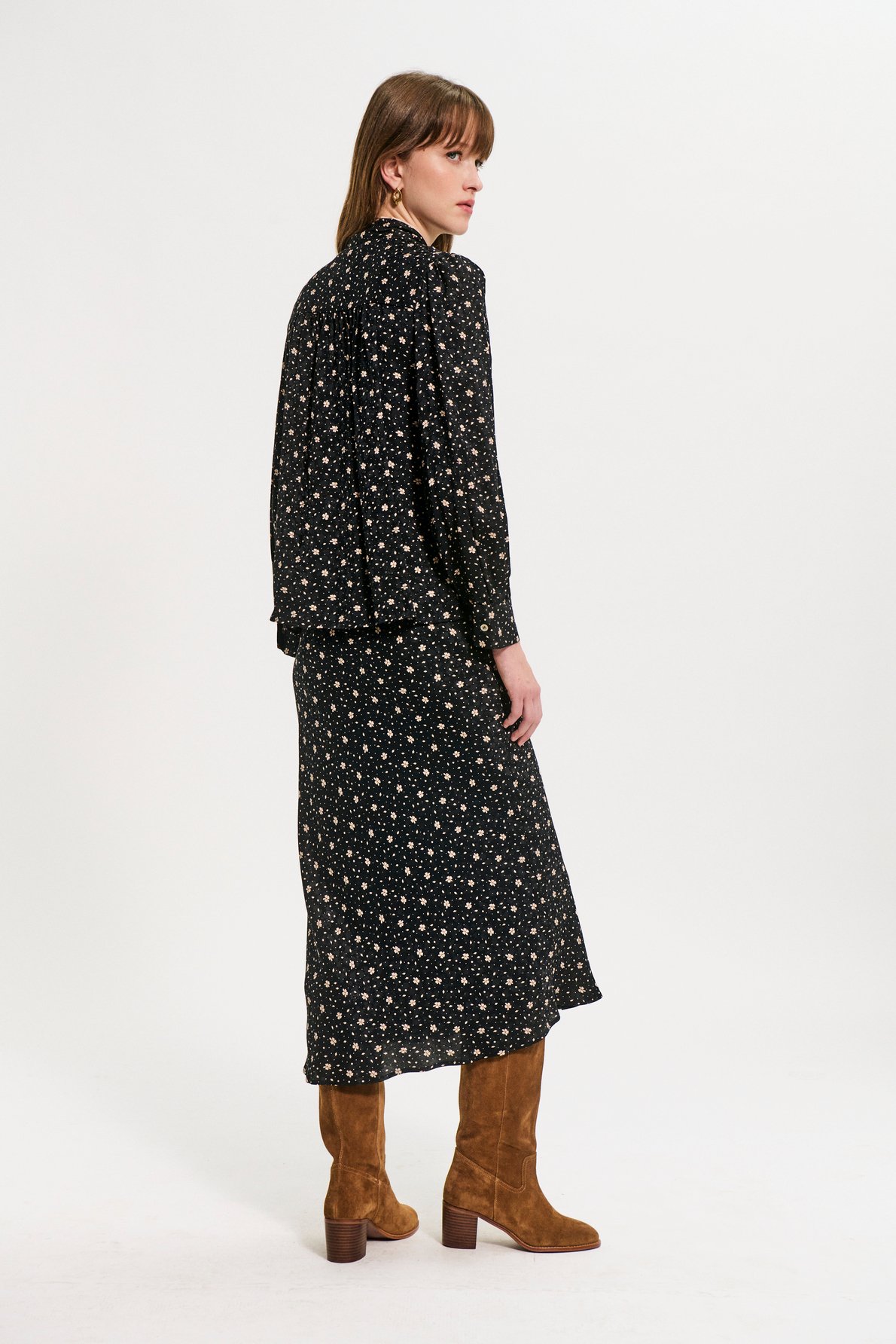Chemise col lavallière à motif fleuri PABLO Noir