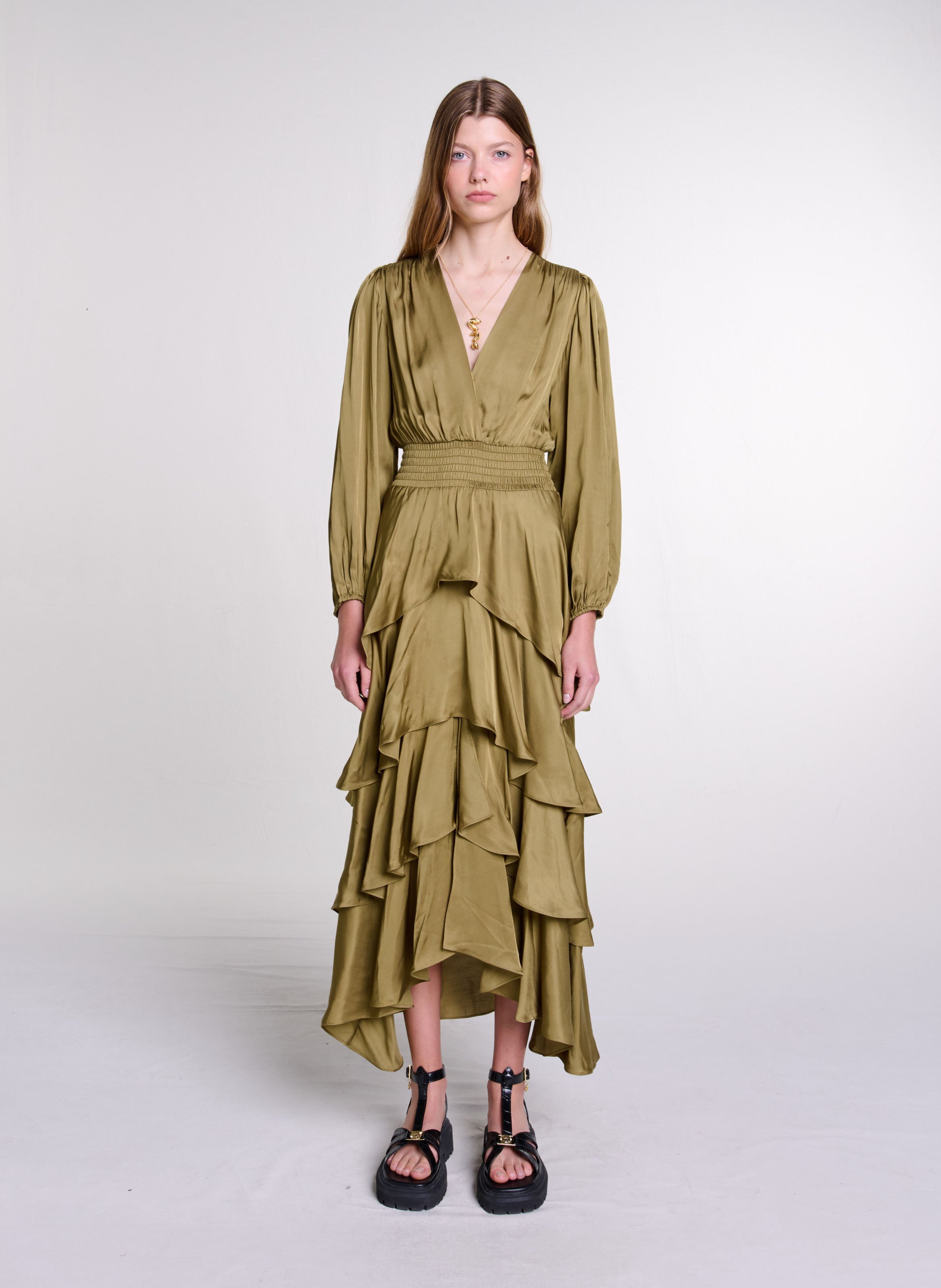 Khaki satin wrap dress hotsell