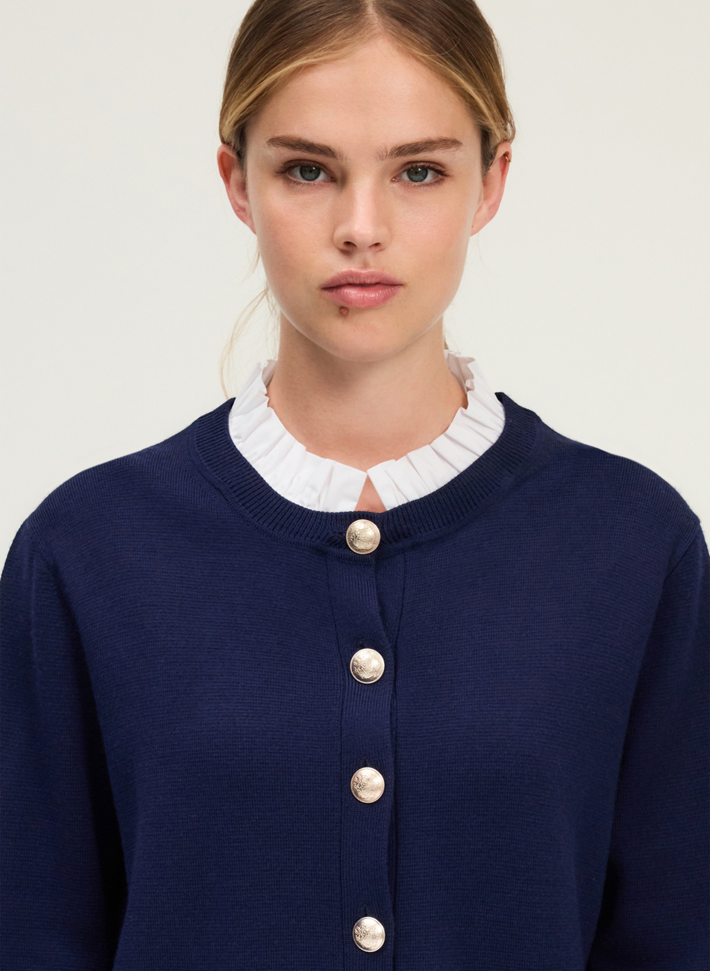 Gilet droit col rond en laine mélangée PABLO Bleu