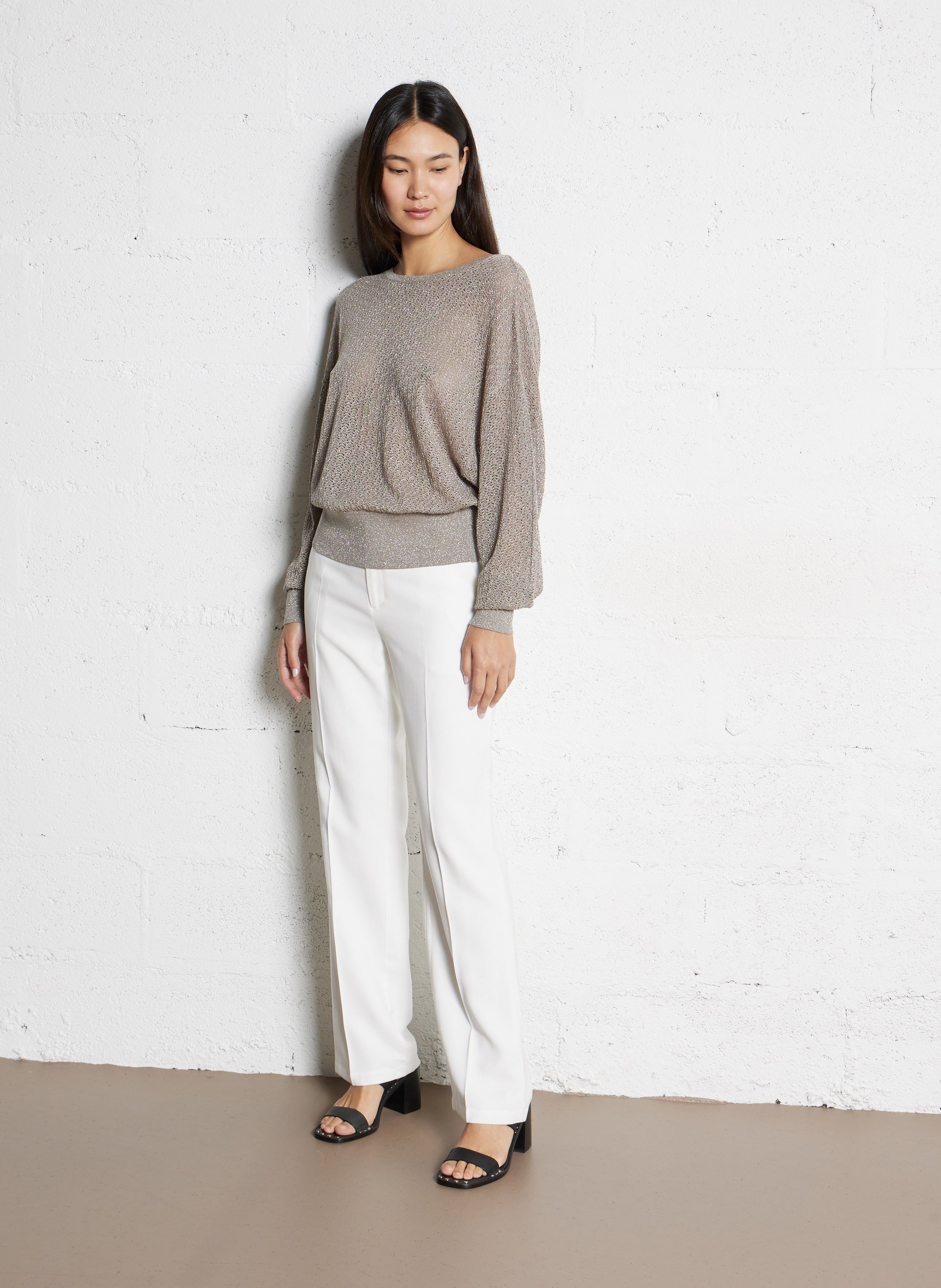 Jersey amplio de cuello redondo en punto brillante IKKS Beige