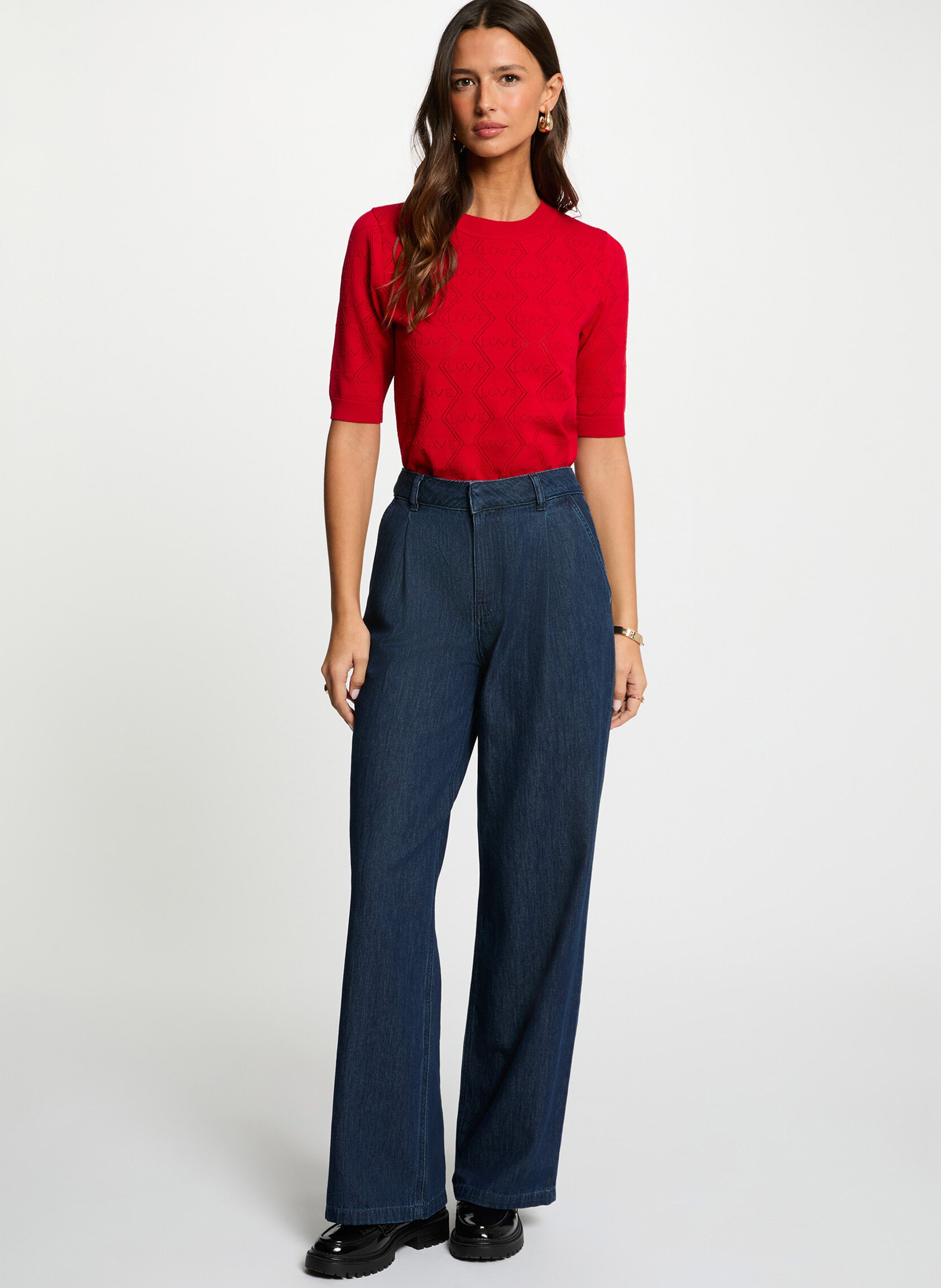 Pull droit col rond à détails ajourés Rouge