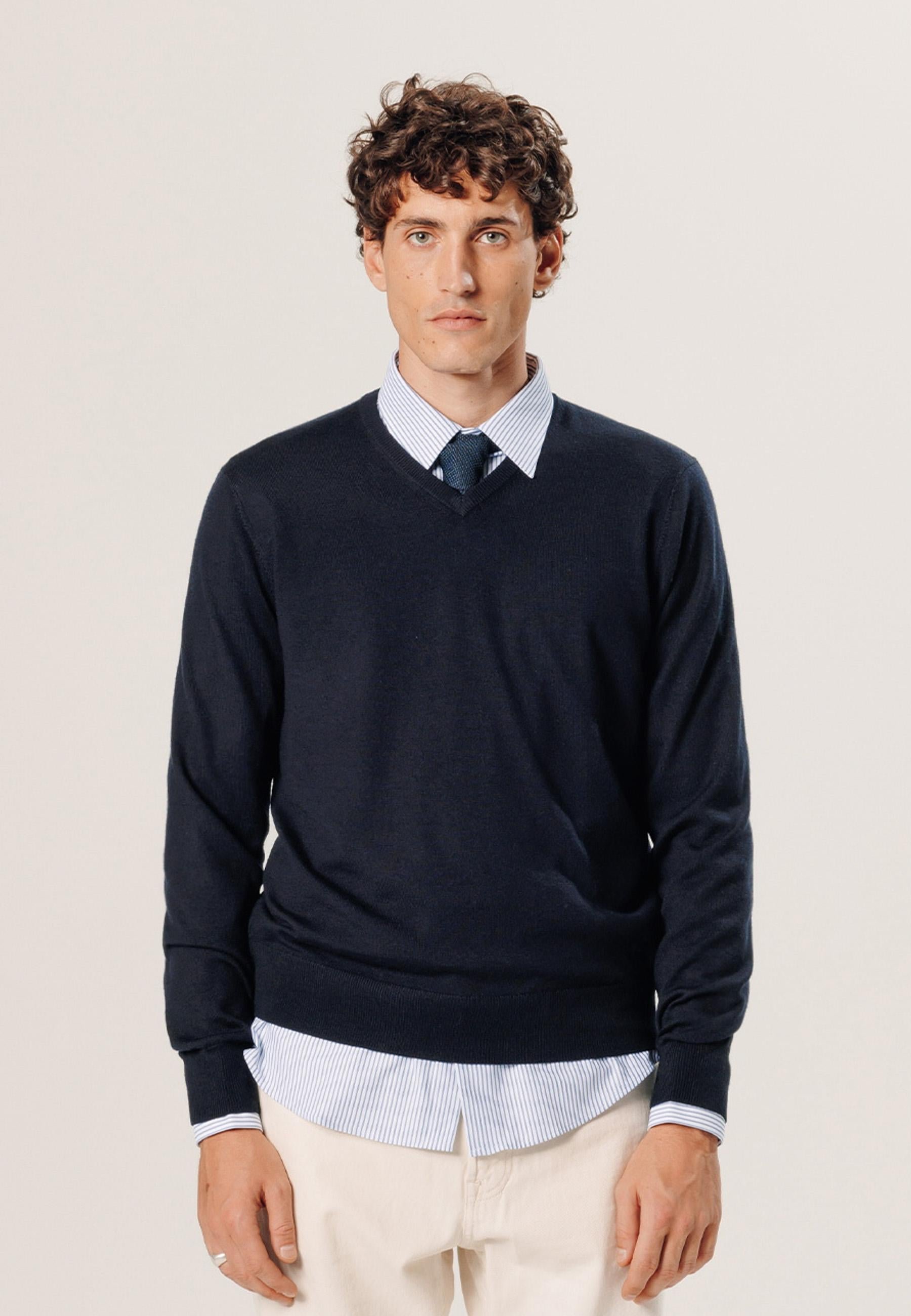 Pull col v en laine mérinos RODIER Bleu