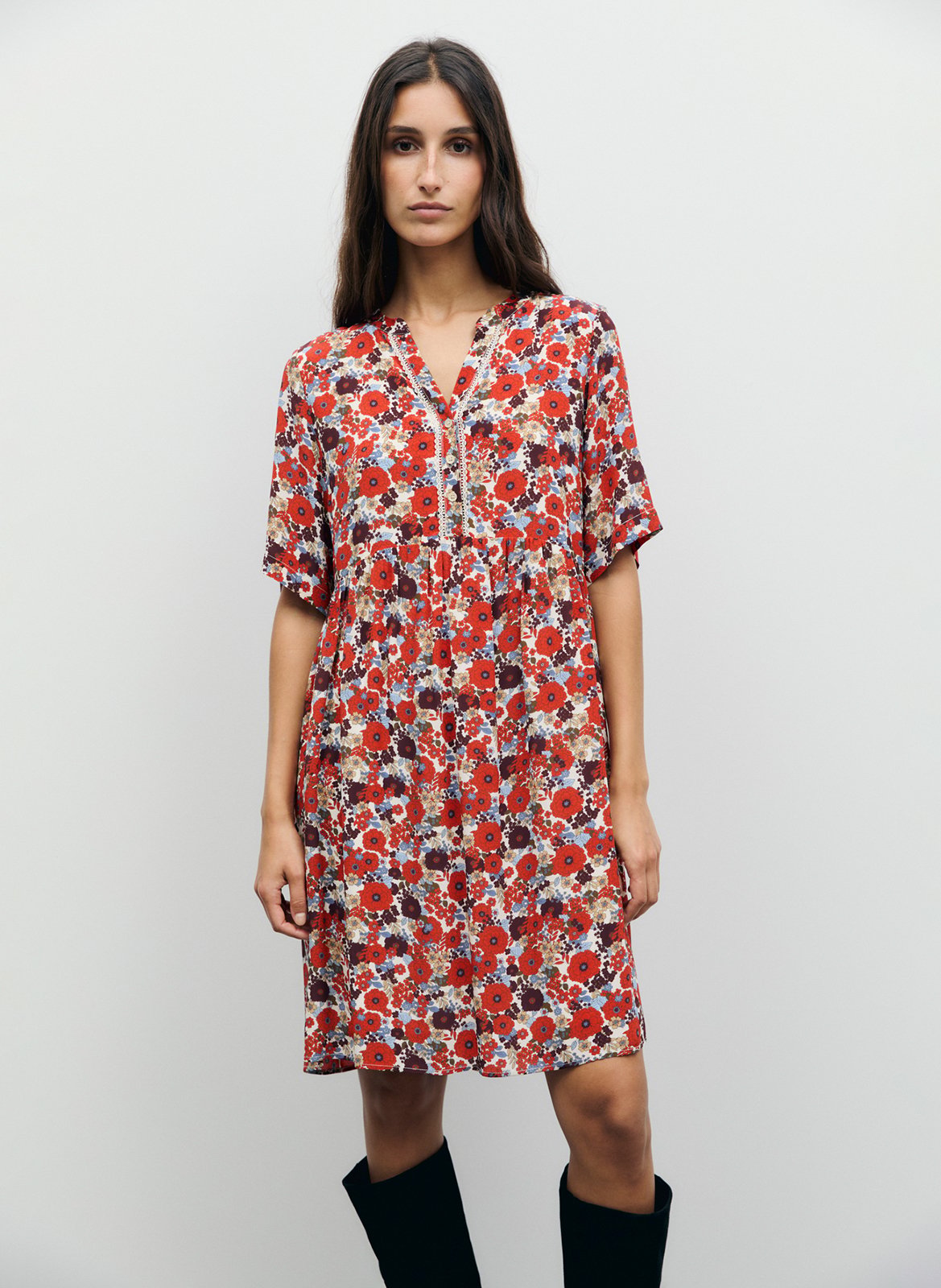 Short printed V-neck dress GERARD DAREL Beige