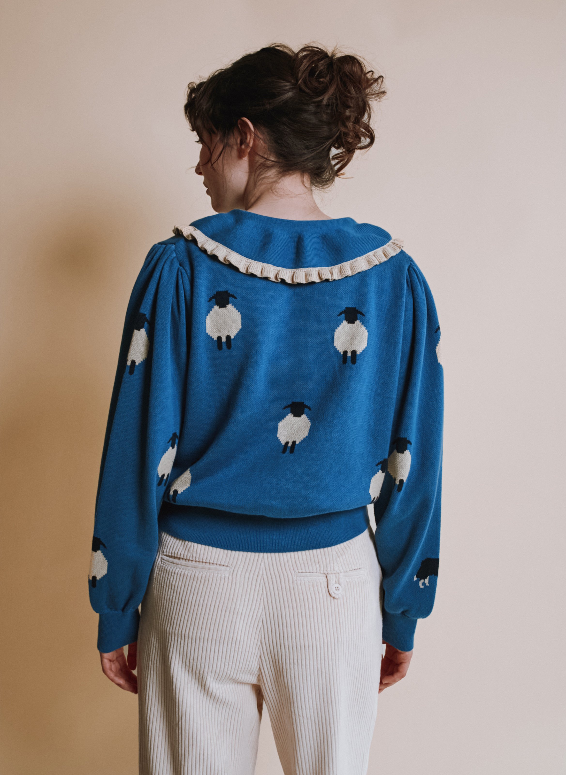 Gilet oversize col claudine en coton bio imprimé EMILE ET IDA Bleu