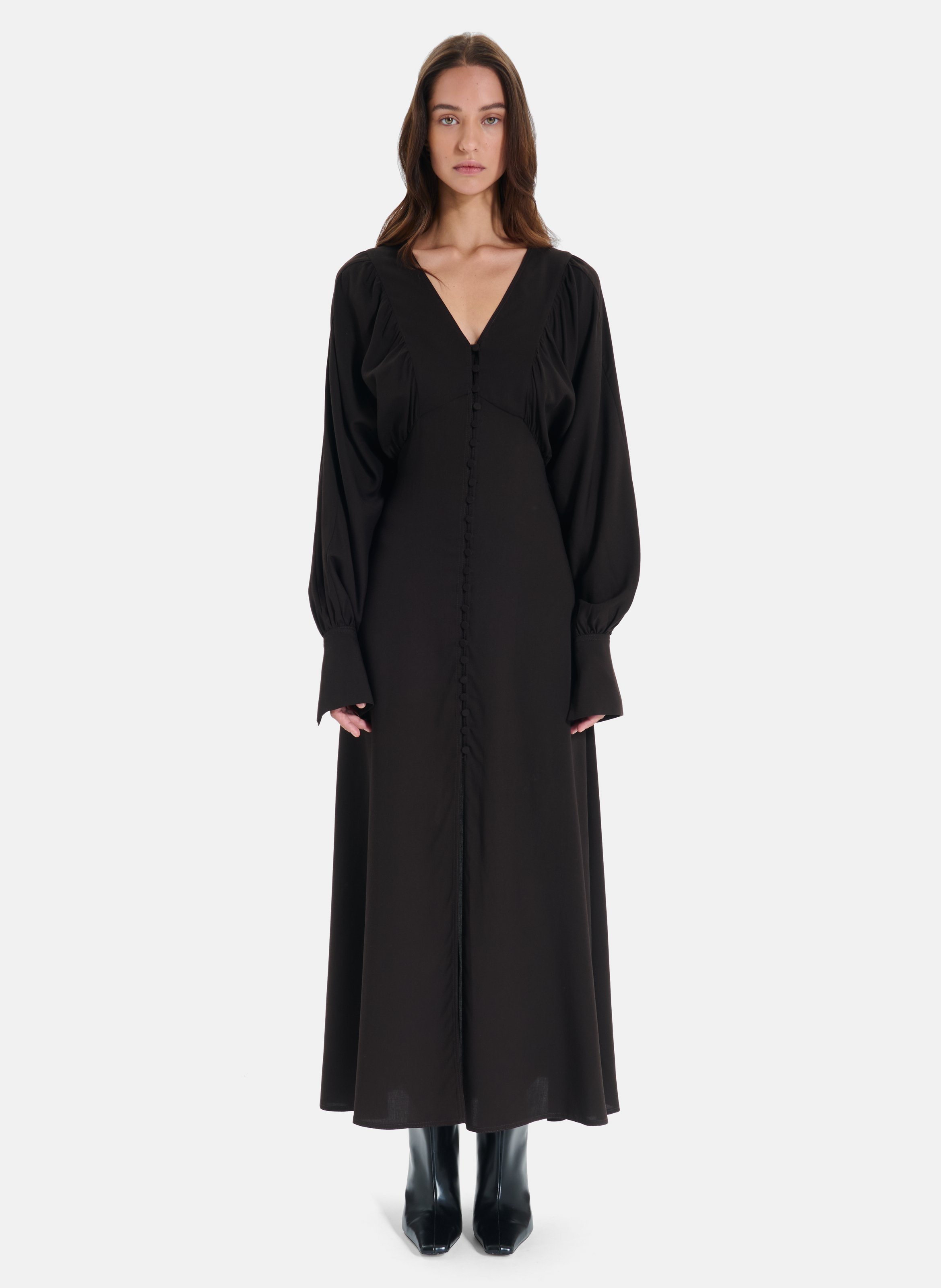 Robe longue fluide col V  ZAPA Marron