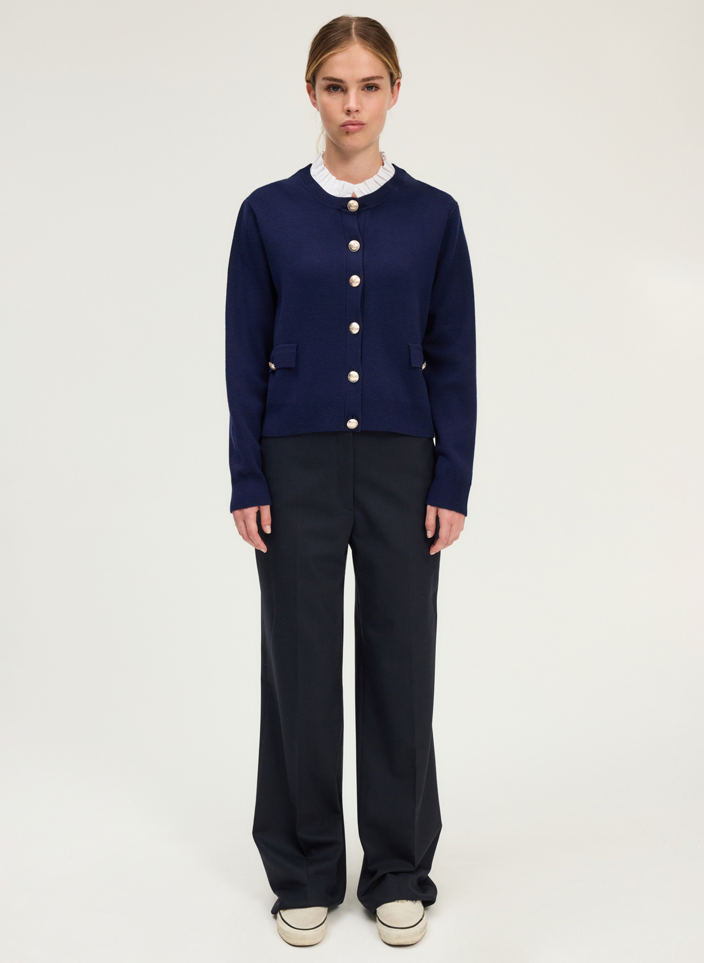 Gilet droit col rond en laine mélangée PABLO Bleu