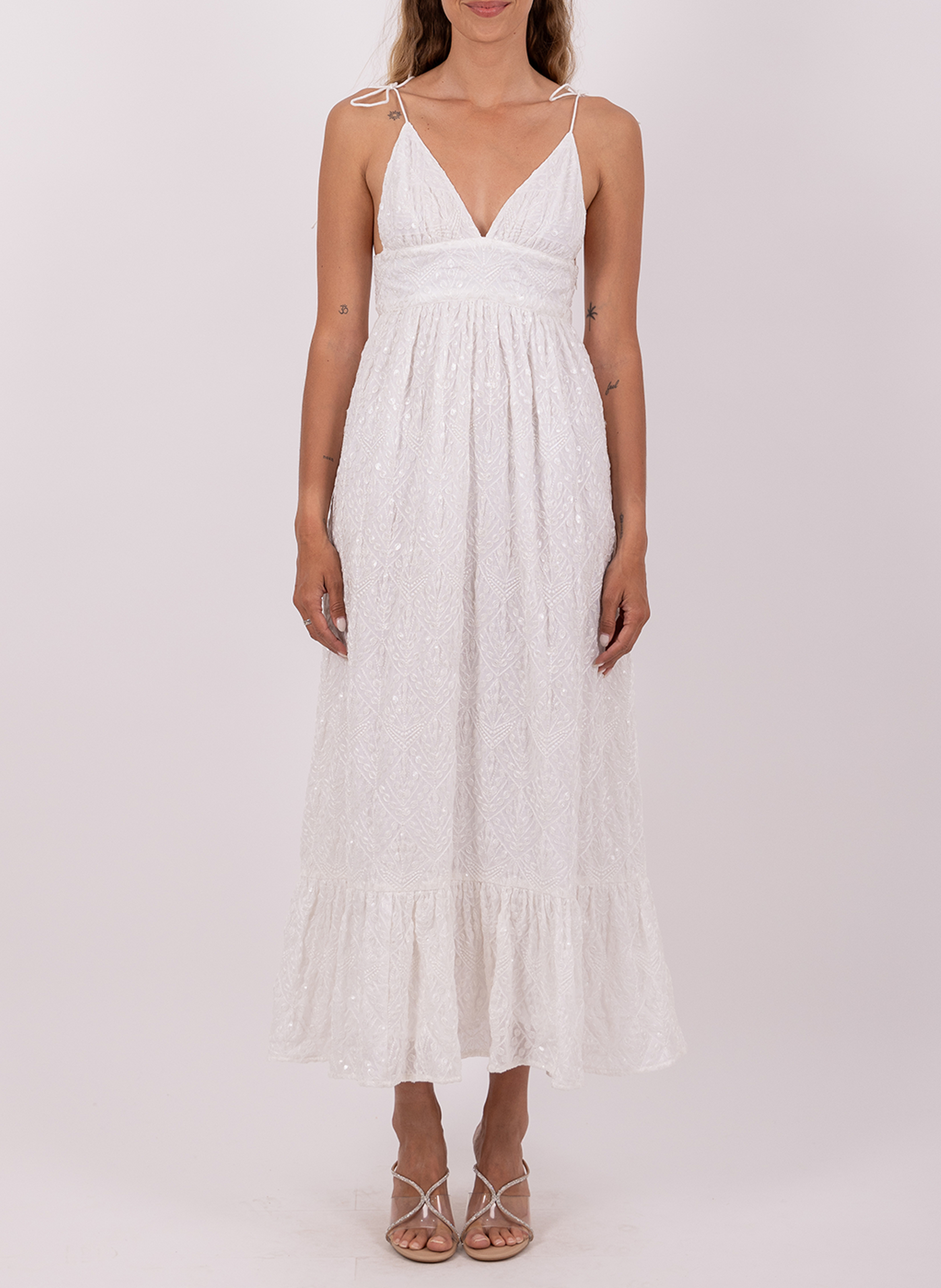 Long embroidered dress with thin straps SUNDRESS White