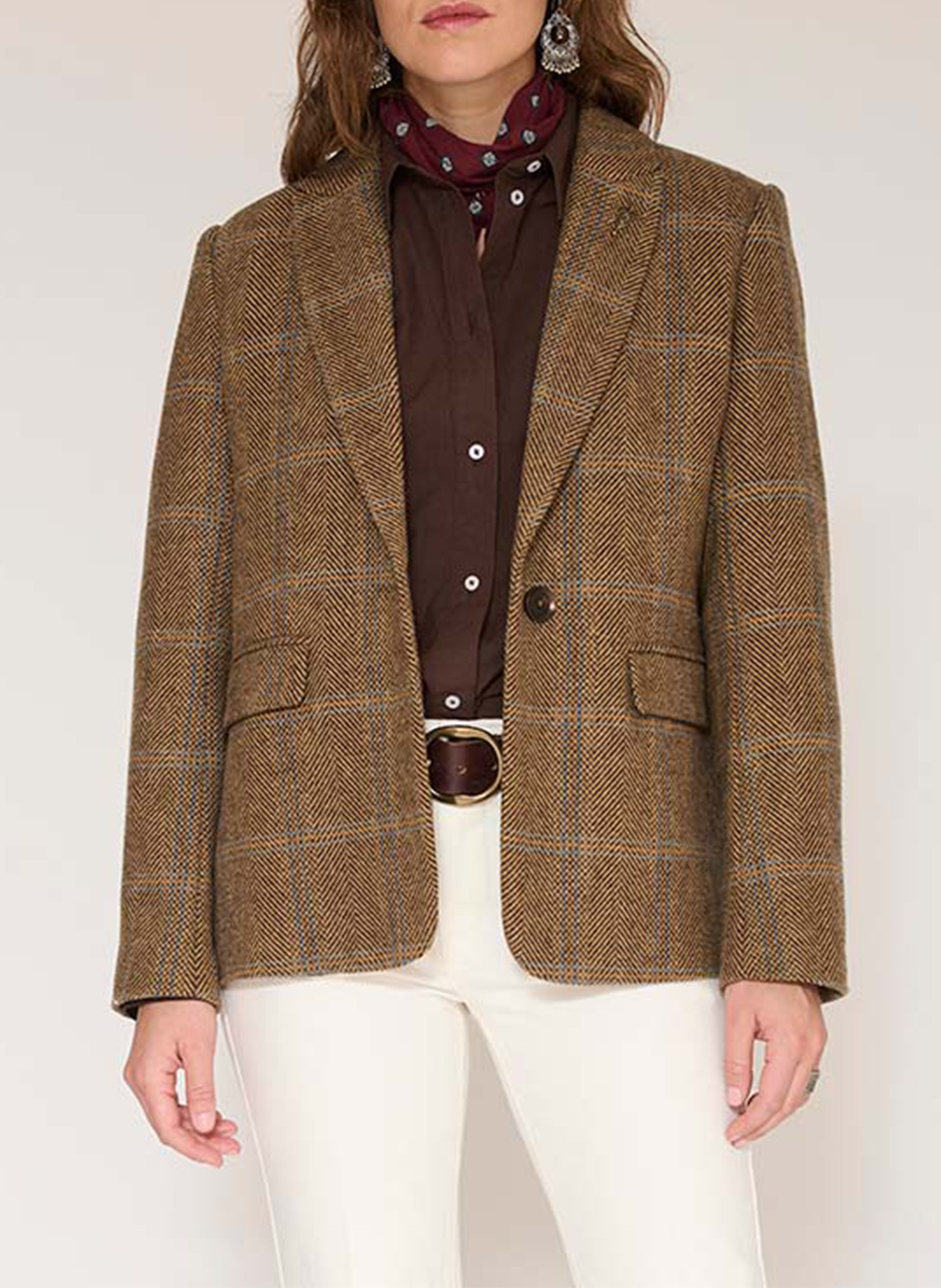 Gerade geschnittener Karo-Wollmischblazer MKT Braun