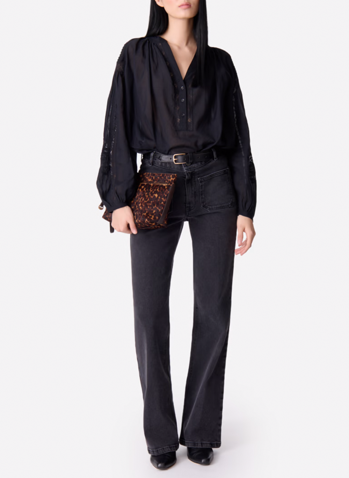 Langärmelige Spitzenbluse Schwarz