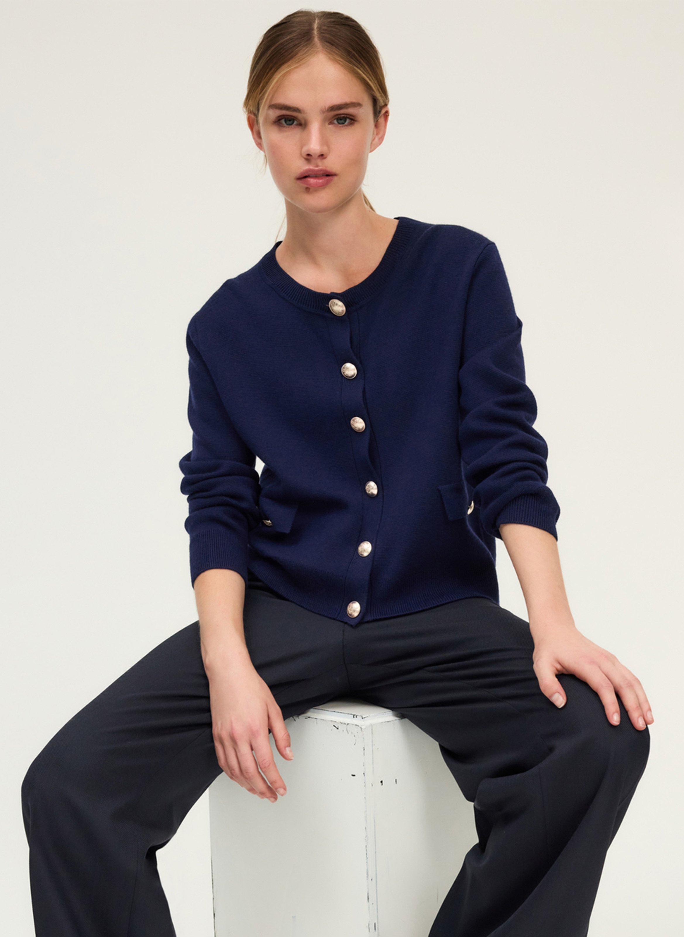 Gilet droit col rond en laine mélangée PABLO Bleu