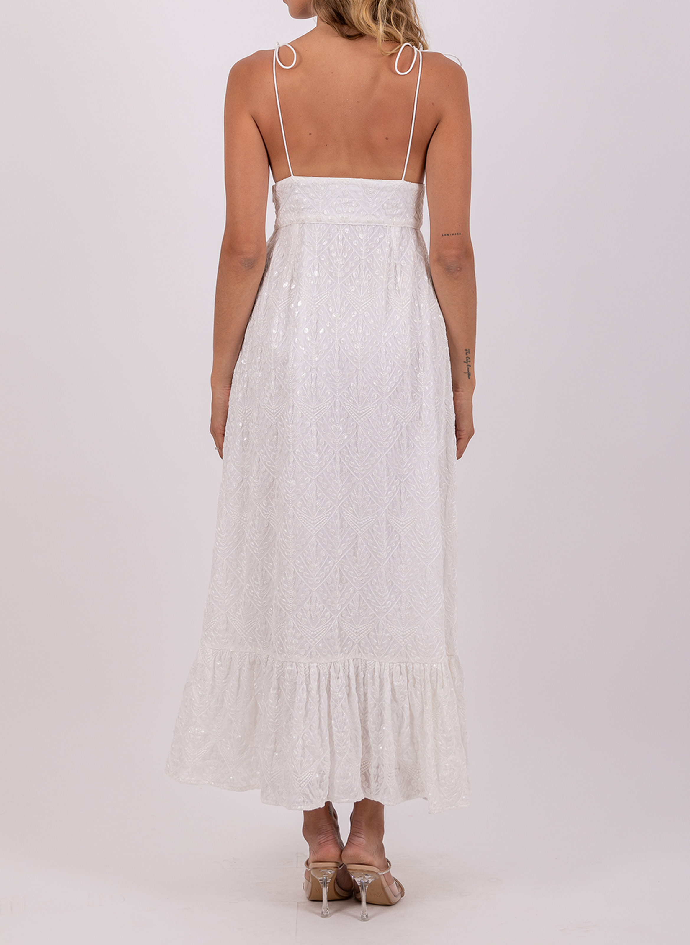 Long embroidered dress with thin straps SUNDRESS White