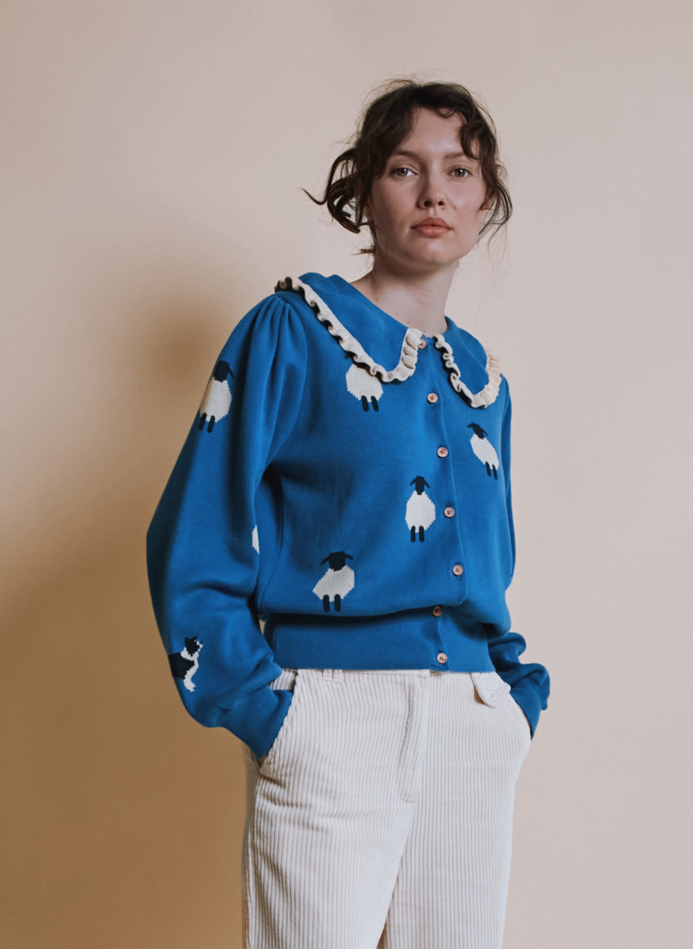 Gilet oversize col claudine en coton bio imprimé EMILE ET IDA Bleu