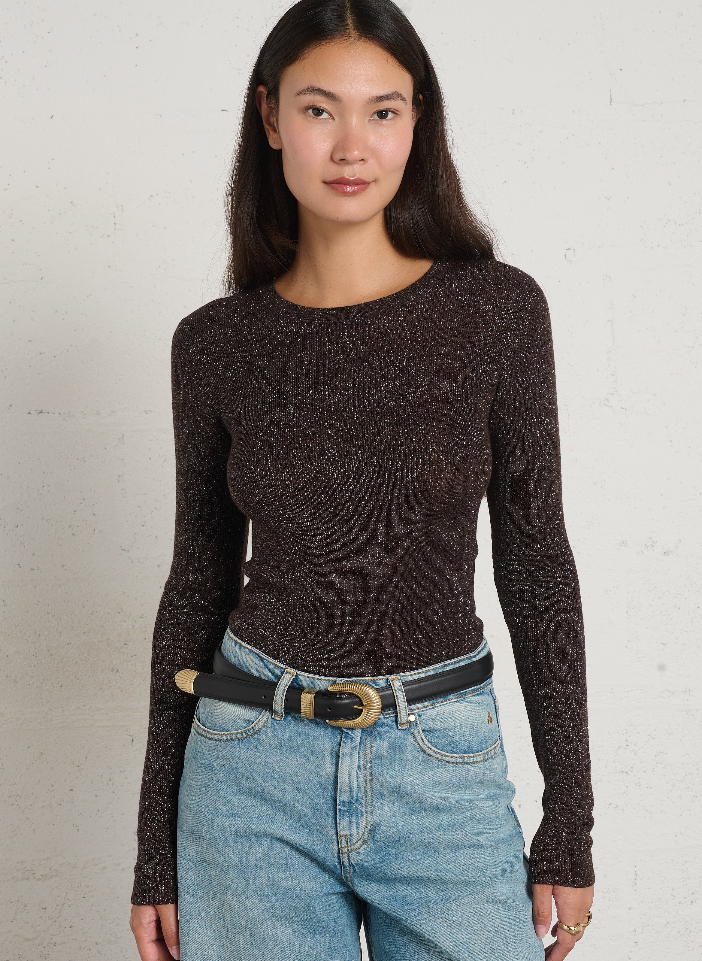 Eng anliegender Rundhals-Pullover mit Pailletten HARTFORD Braun