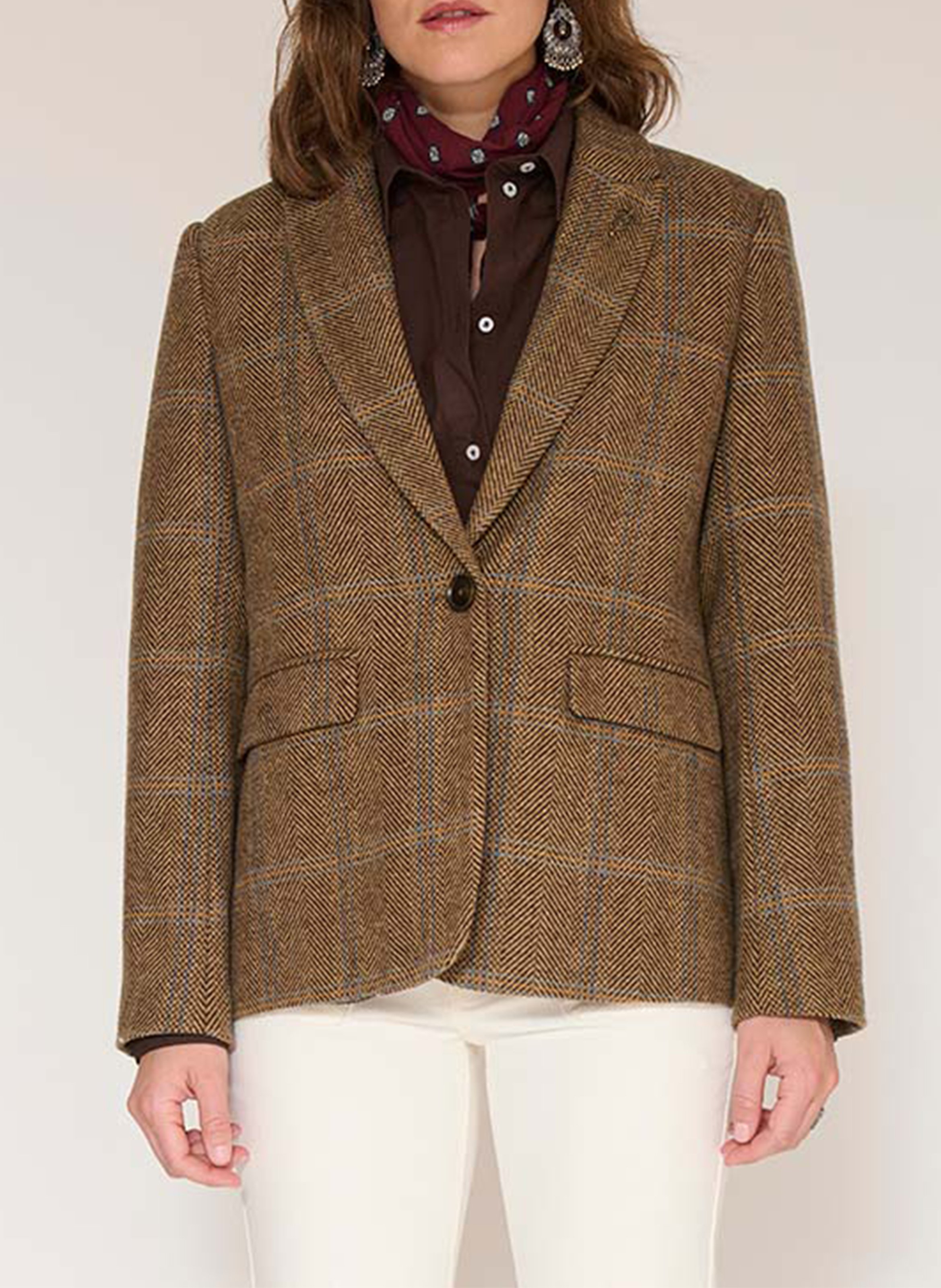 Gerade geschnittener Karo-Wollmischblazer MKT Braun