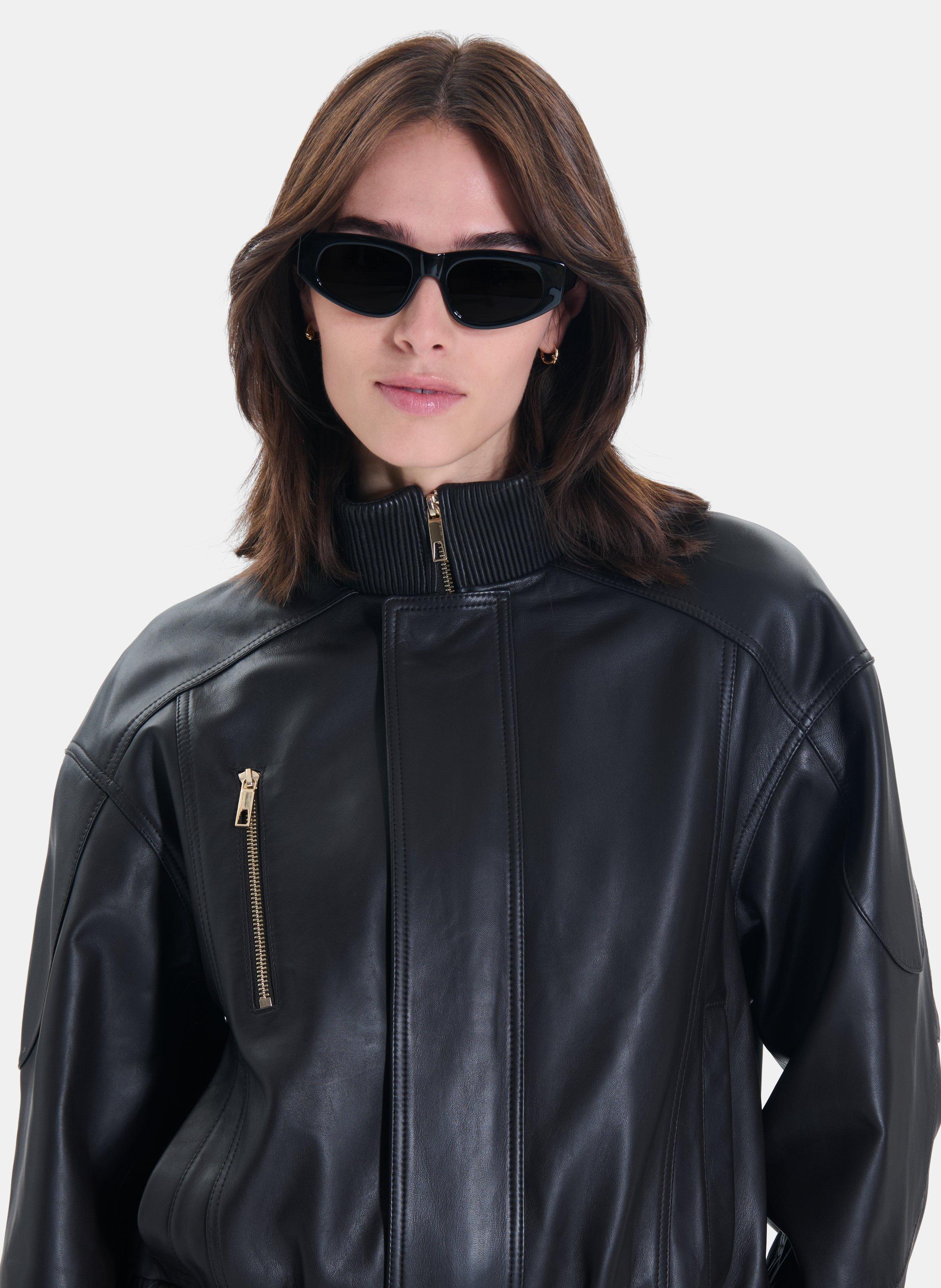 Veste droite col montant en cuir ZAPA Marron