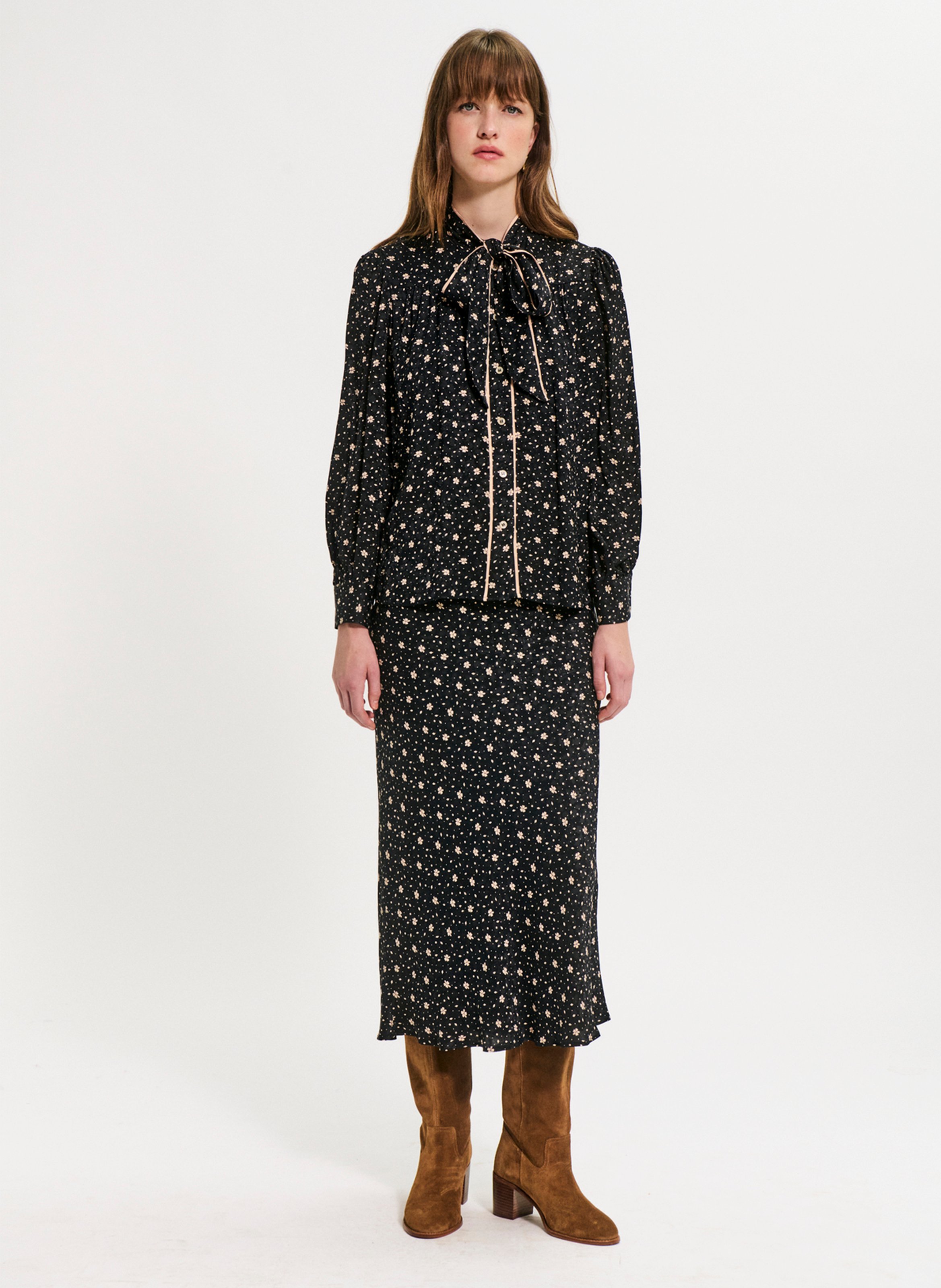 Chemise col lavallière à motif fleuri PABLO Noir