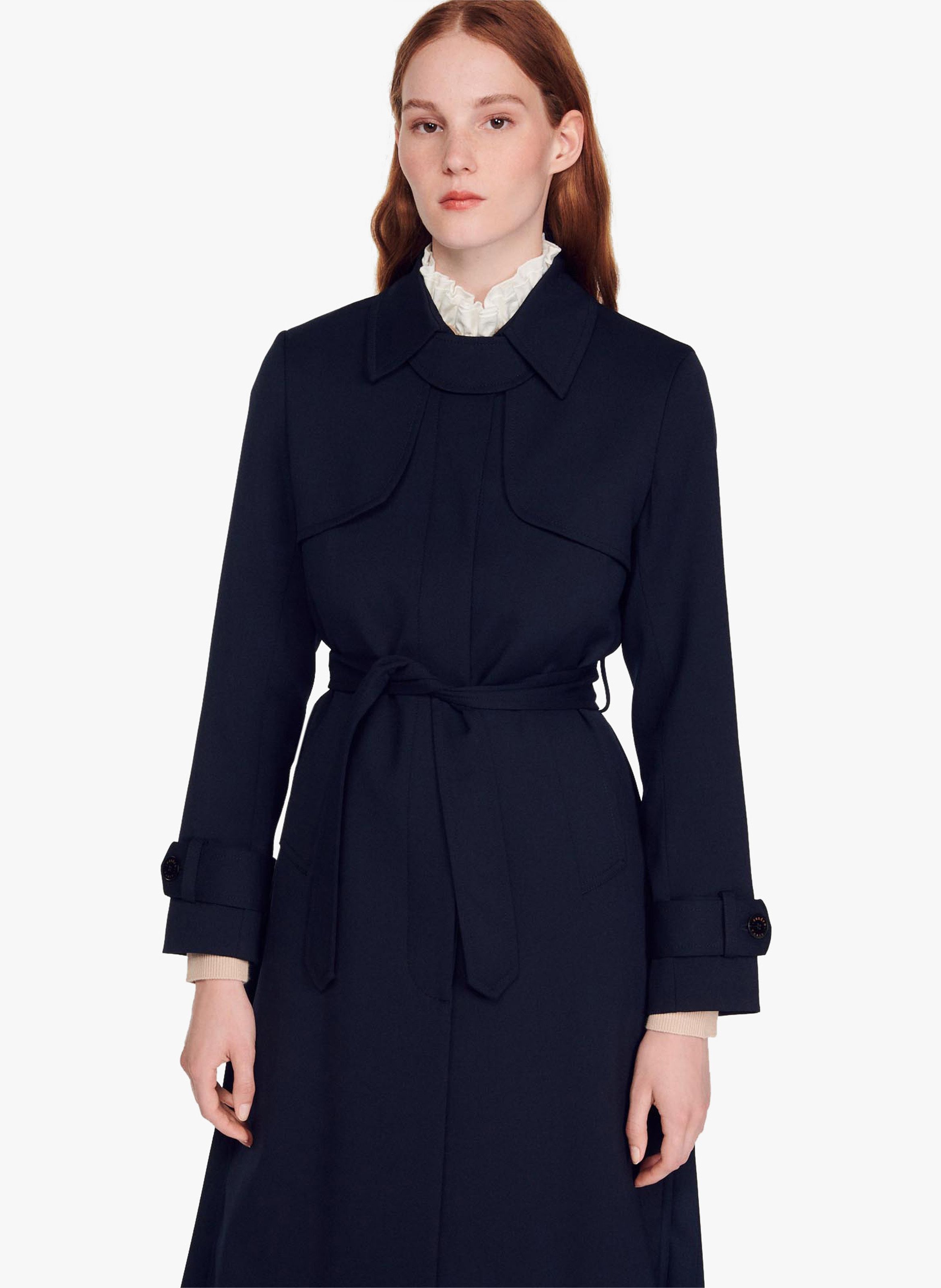 SANDRO Blue Trench coat with classic collar and pleated inset at the back