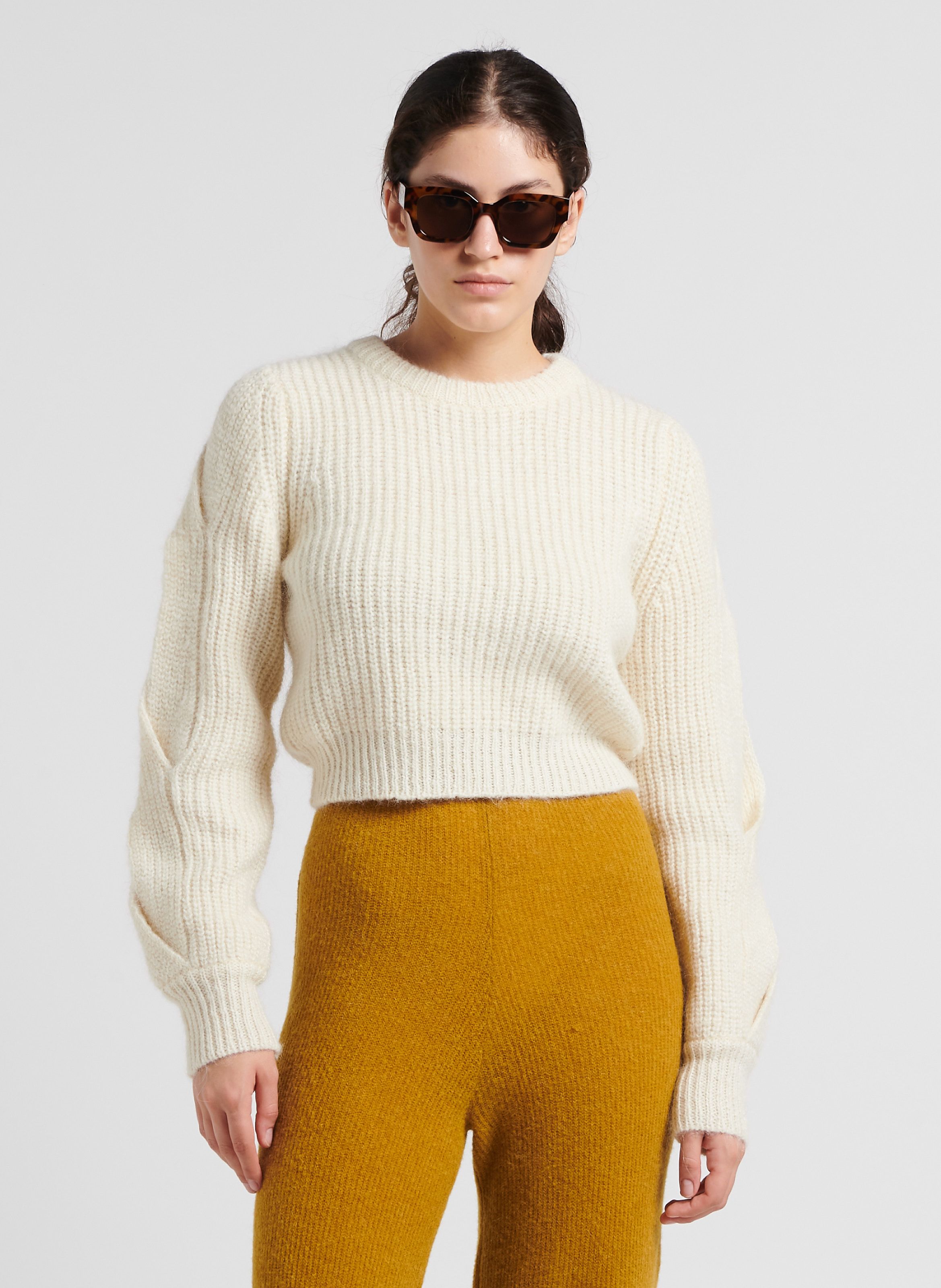 Pull court col rond en laine m lang e Blanc