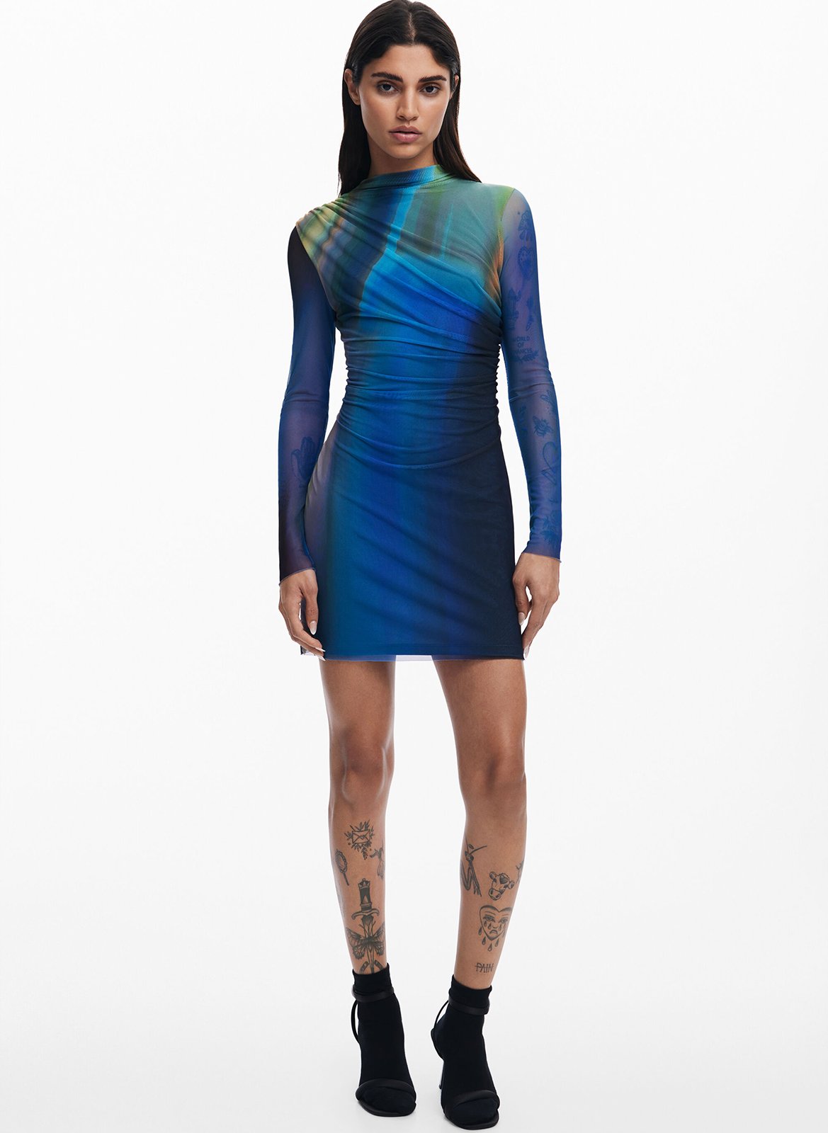 Short draped printed dress Blue