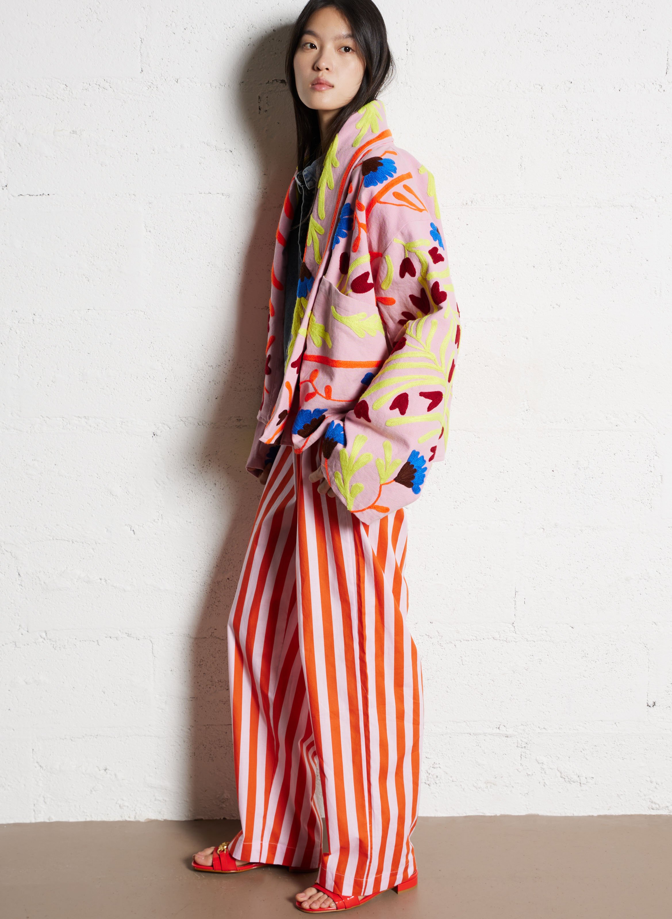 Pantalon large taille haute à rayures LOLLYS LAUNDRY Rouge