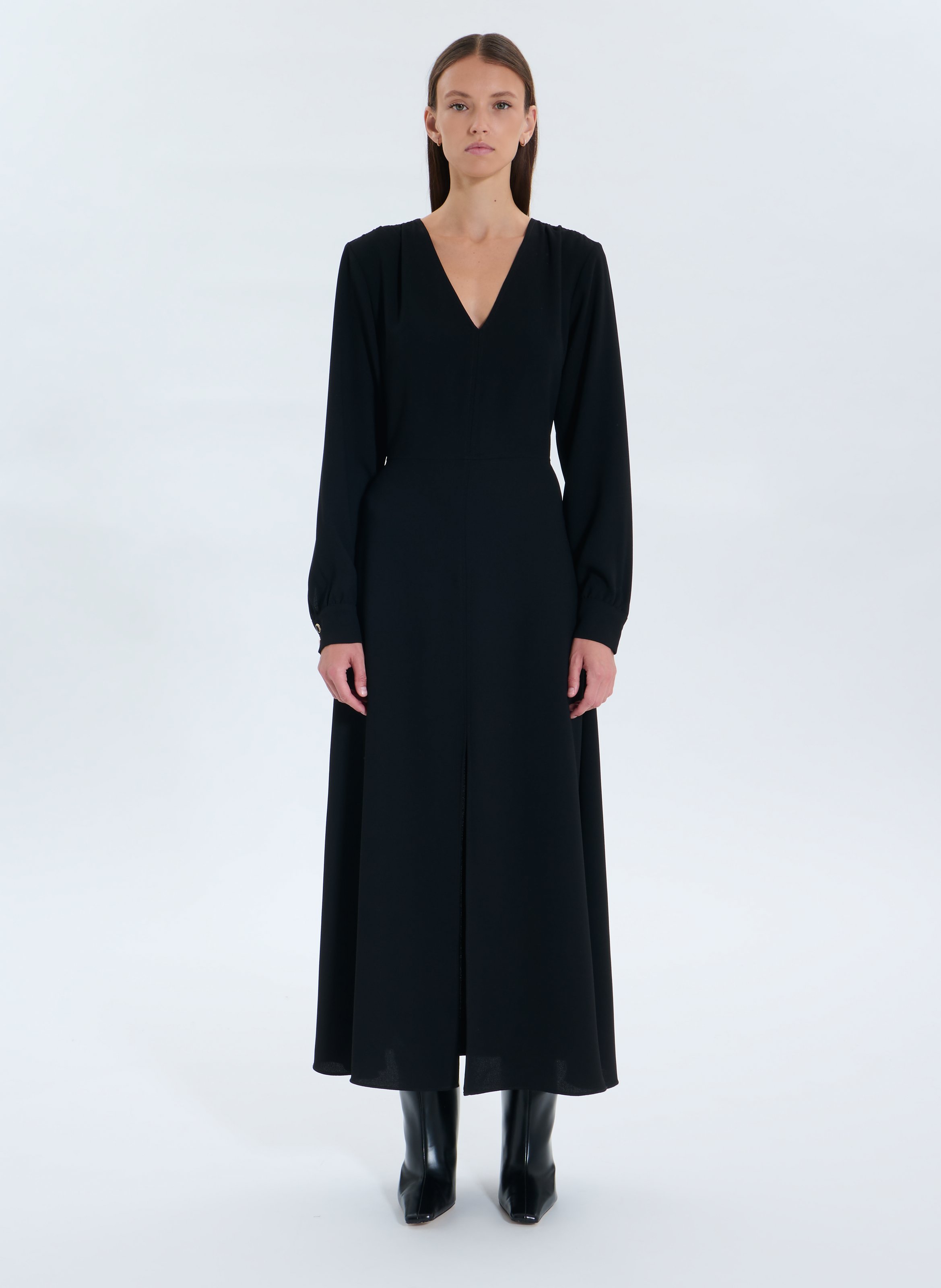 Fitted V-neck long dress with slit ZAPA Black