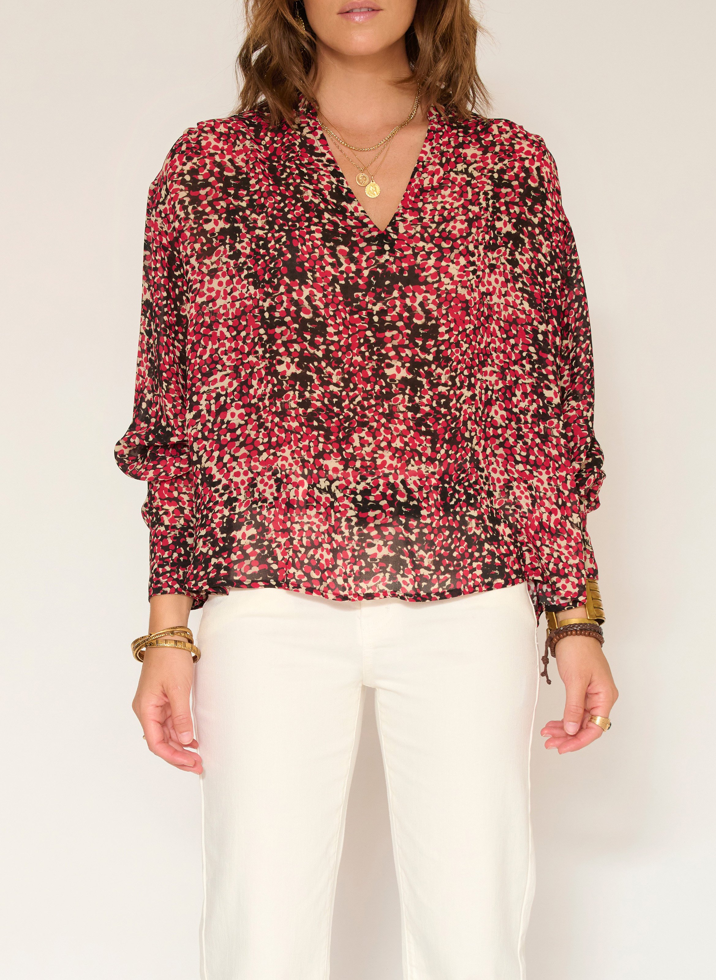 Oversize Bluse mit V-Ausschnitt, fließend MKT Rot