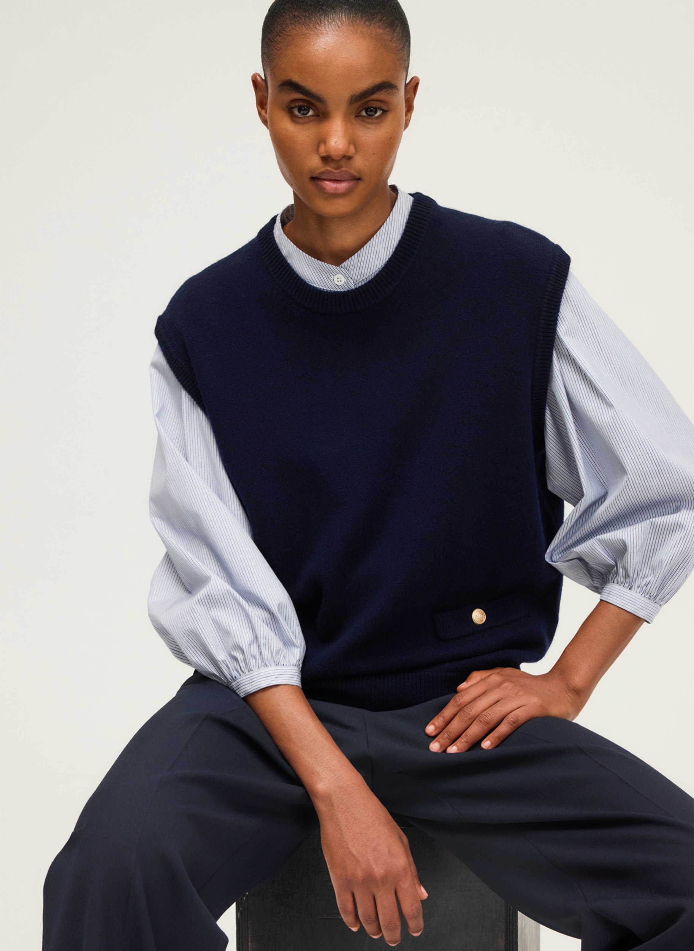 Pull sans manches col rond en laine PABLO Bleu