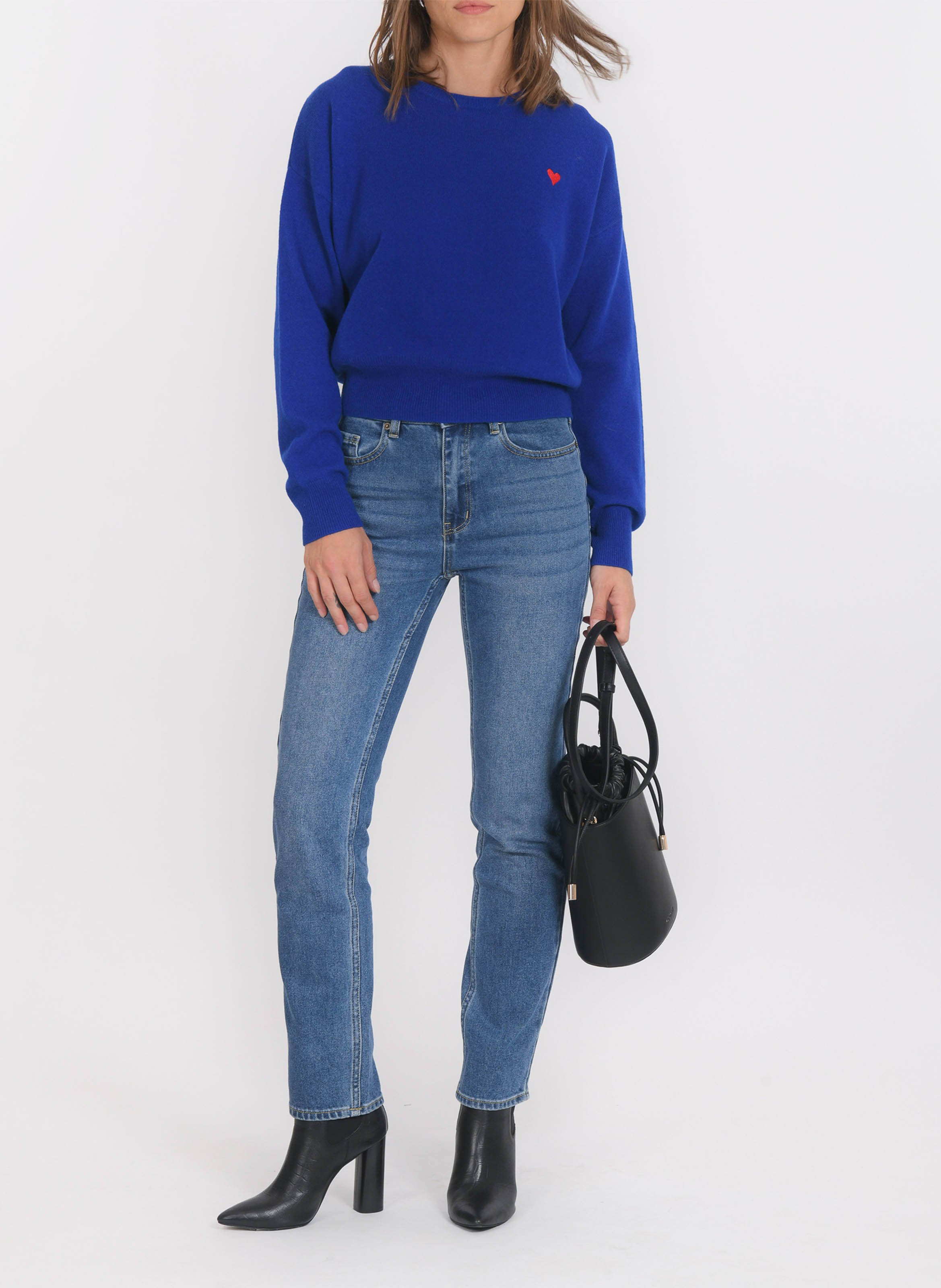 Pull ample col rond brodé en laine et cachemire KOOKAI Bleu