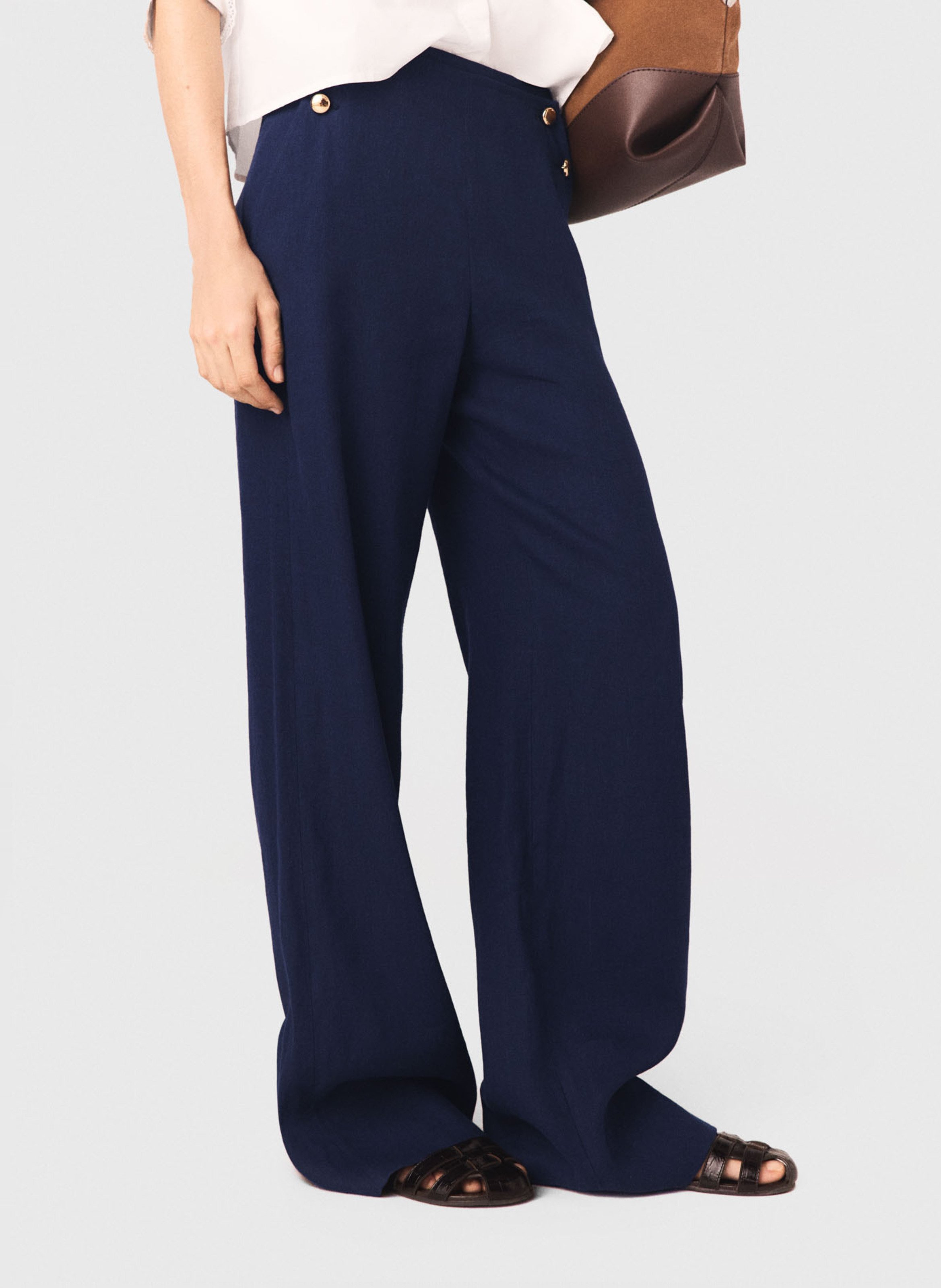 Wijde broek met knoopsluiting in gemengd linnen MAJE Blauw