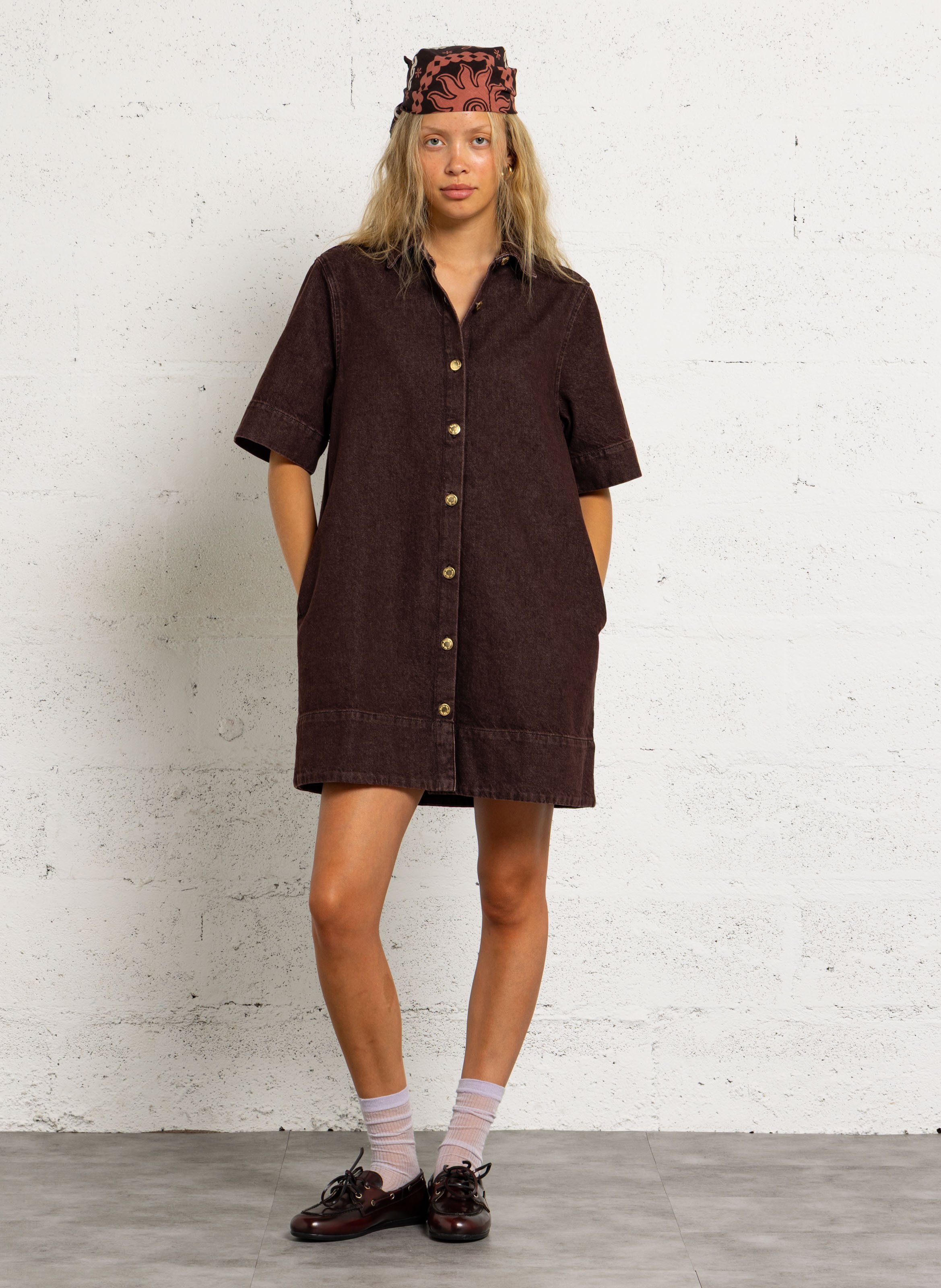 Flared short denim dress DES PETITS HAUTS Brown