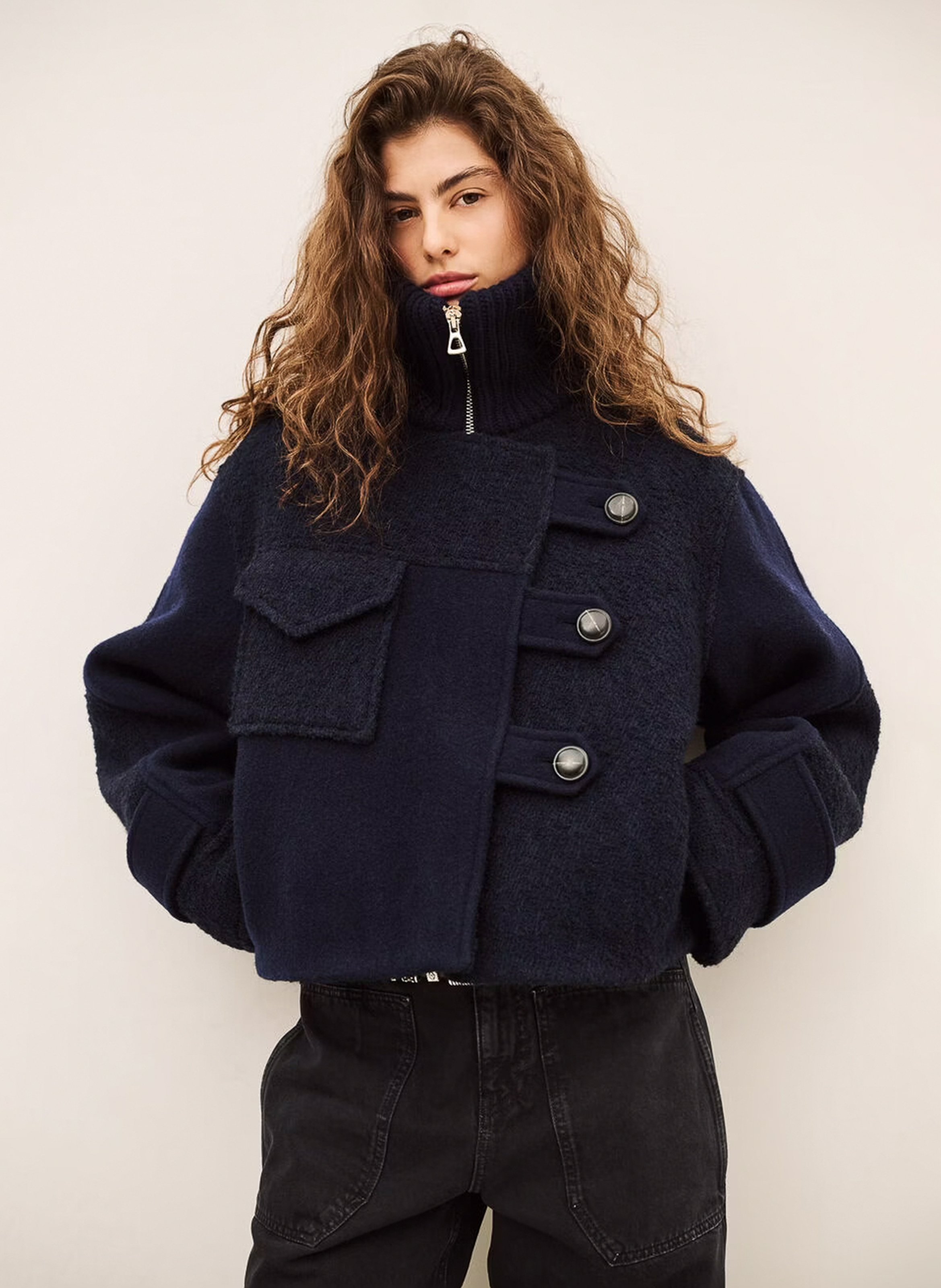 Manteau droit col montant zippé BA&SH Bleu