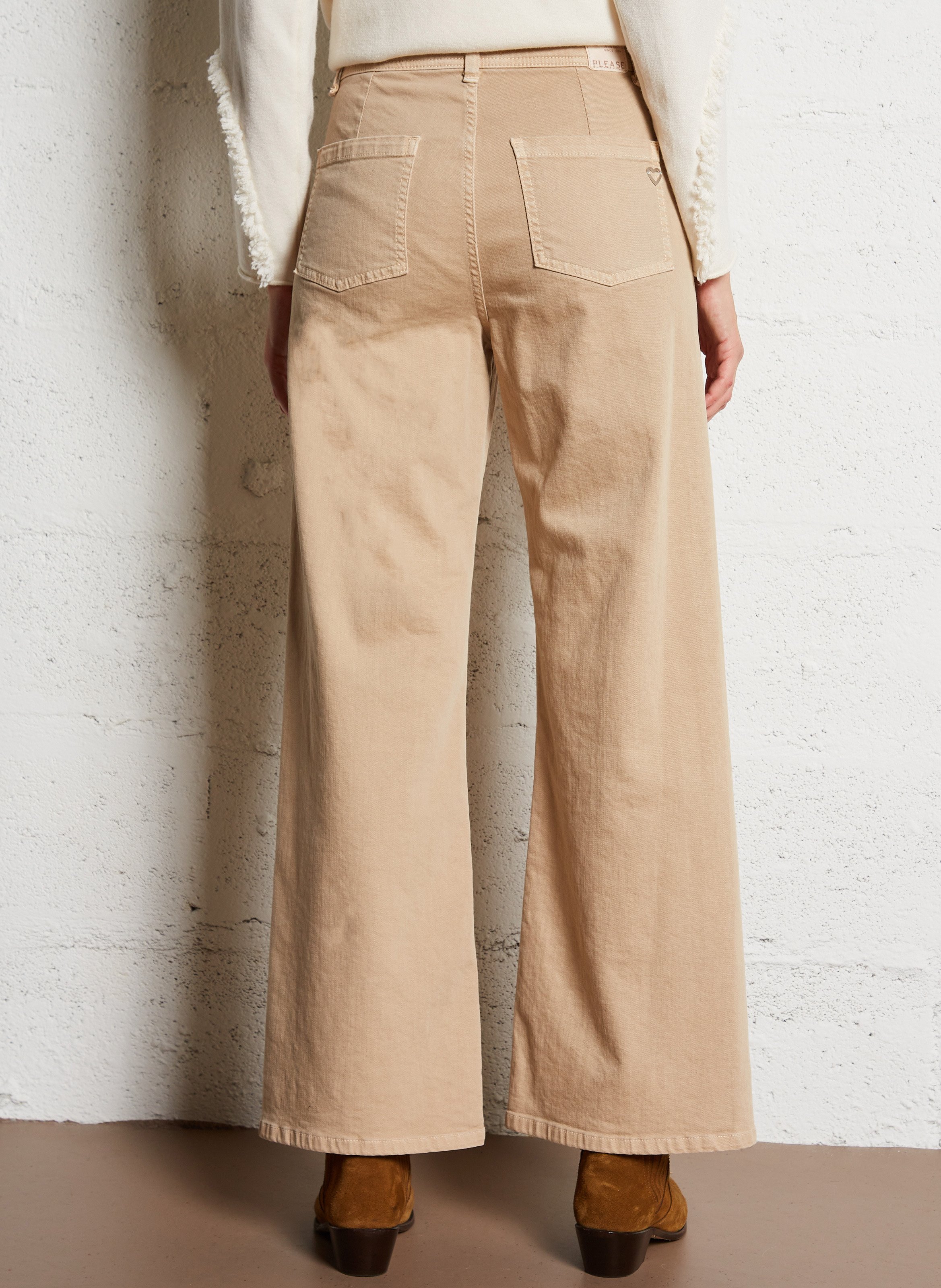 High-rise wide-leg cotton jeans PLEASE Beige