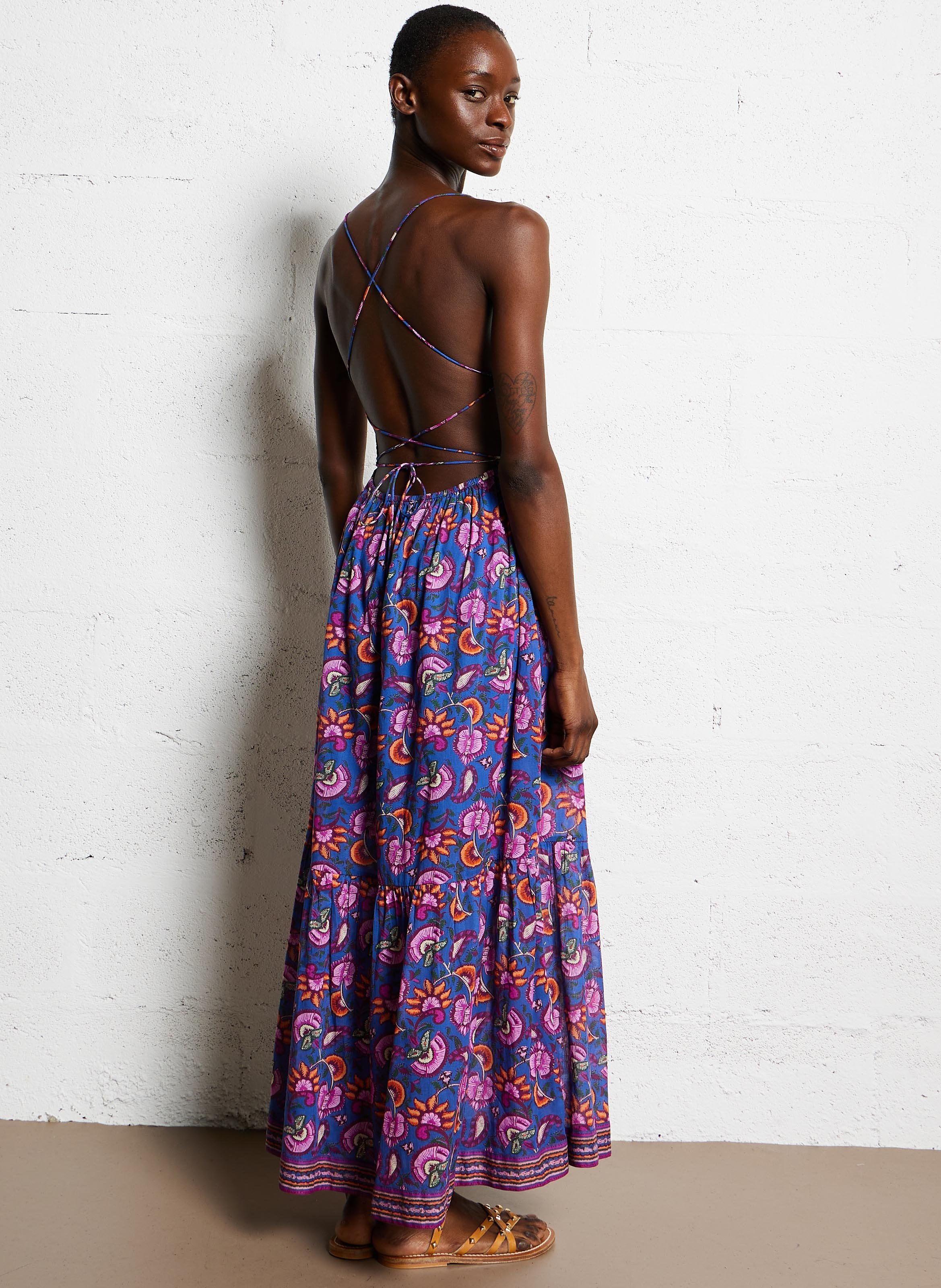 Printed organic cotton midi dress Blue dolce flowers Louise Misha