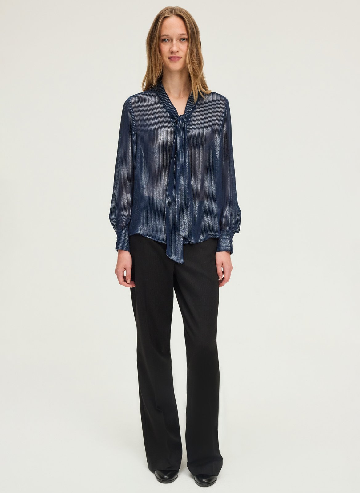 Metallic striped pussy-bow blouse PABLO Blue