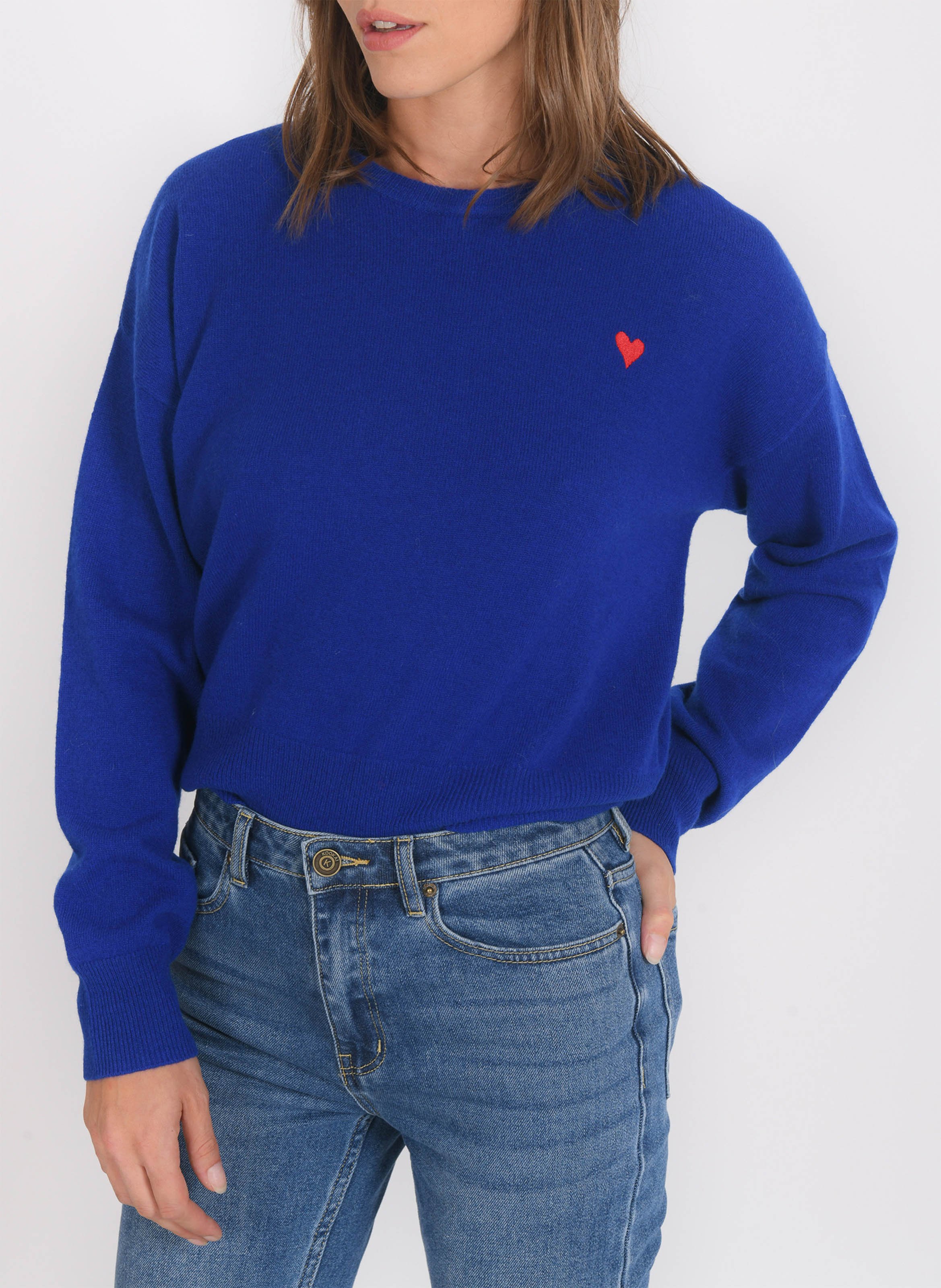 Pull ample col rond brodé en laine et cachemire KOOKAI Bleu