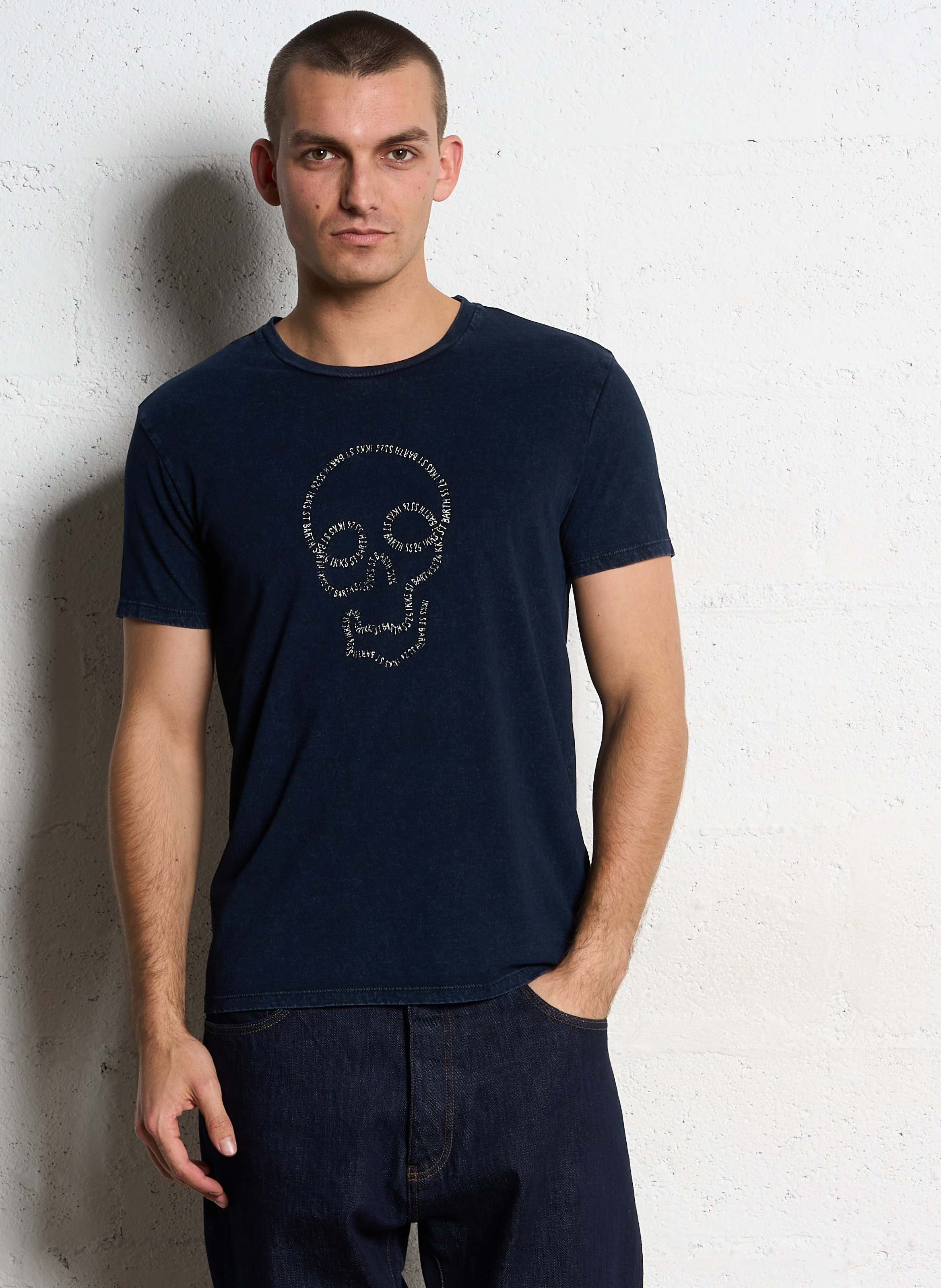 Tee-shirt droit col rond sérigraphié en coton IKKS Bleu