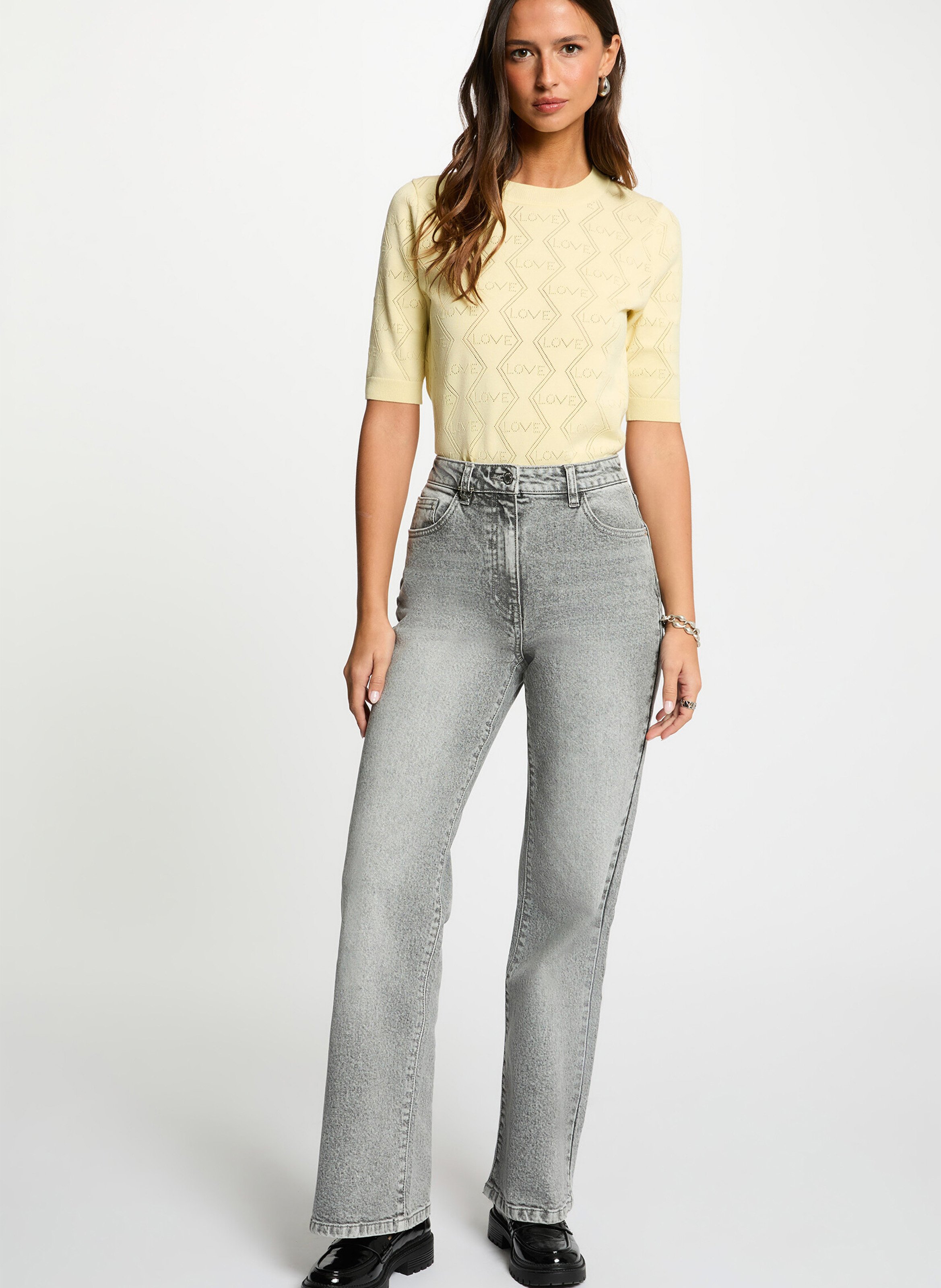 Pull droit col rond à détails ajourés MORGAN Jaune