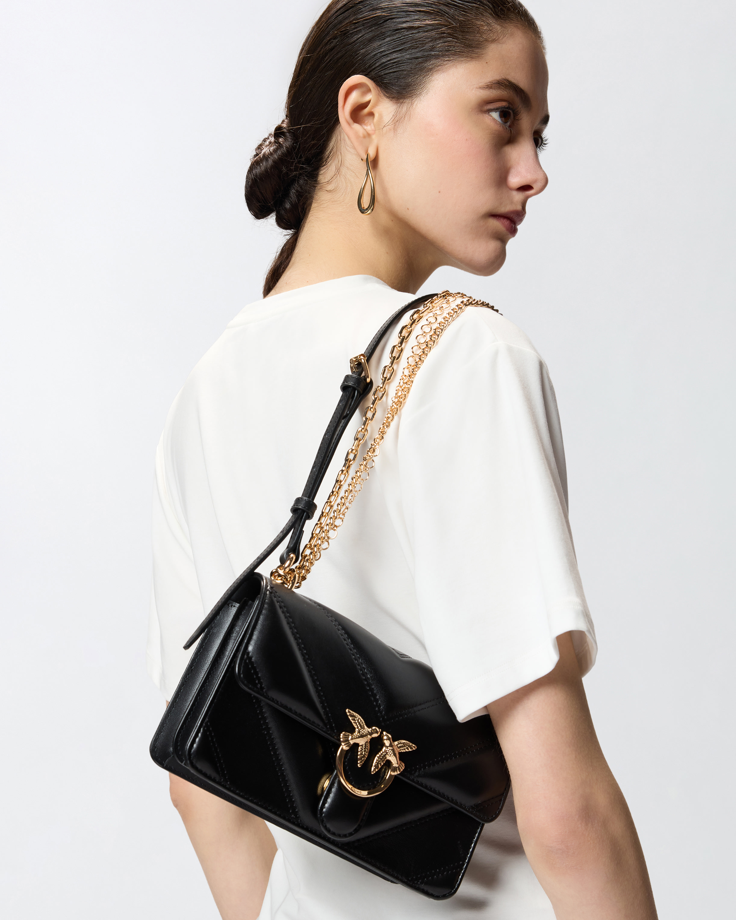 Sac porté épaule mini love bag one en cuir et cuir nappa à chevrons et triple chaîne PINKO Multicolore