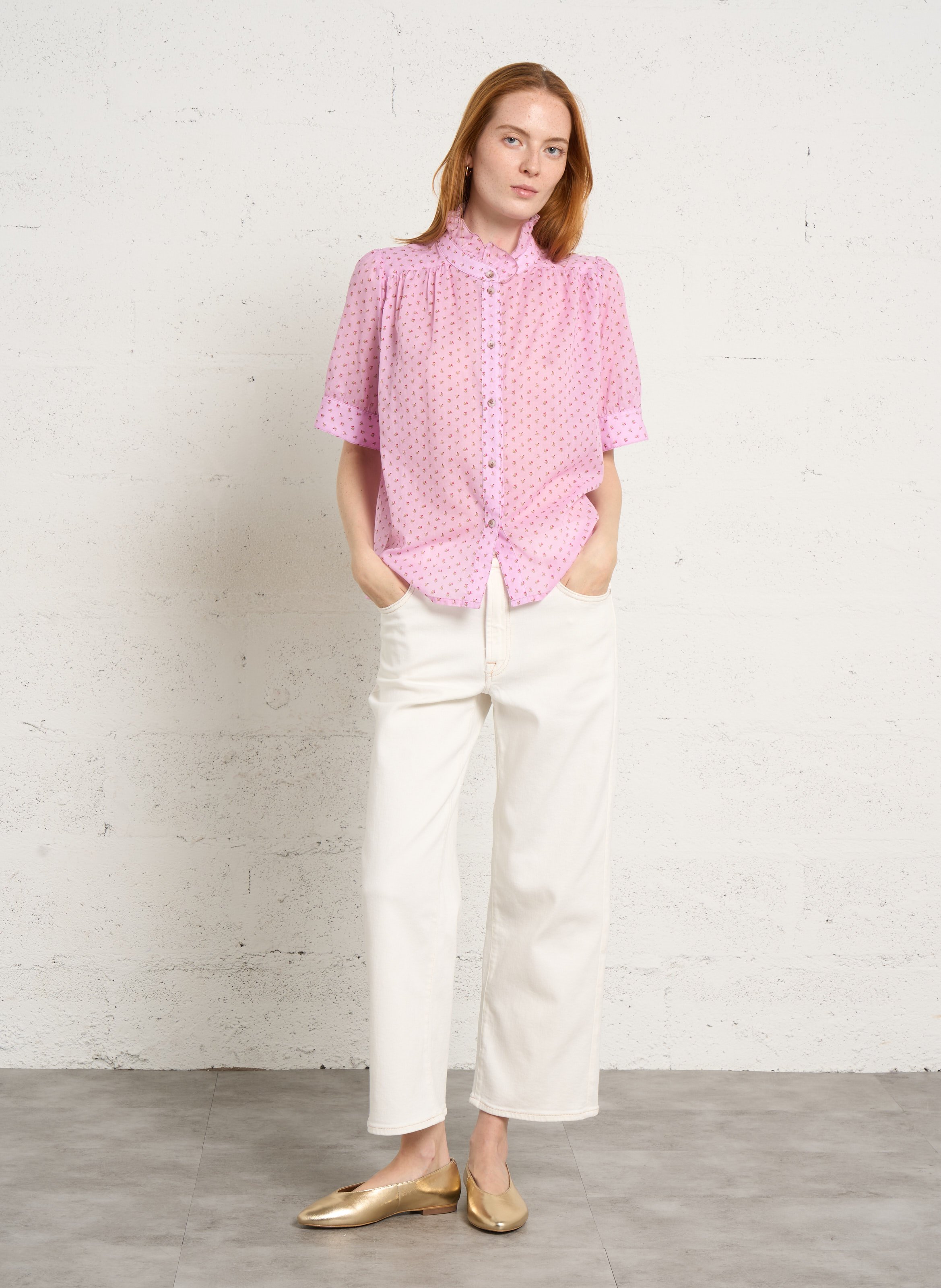 Chemise ample col volanté en coton SUZIE WINKLE Rose