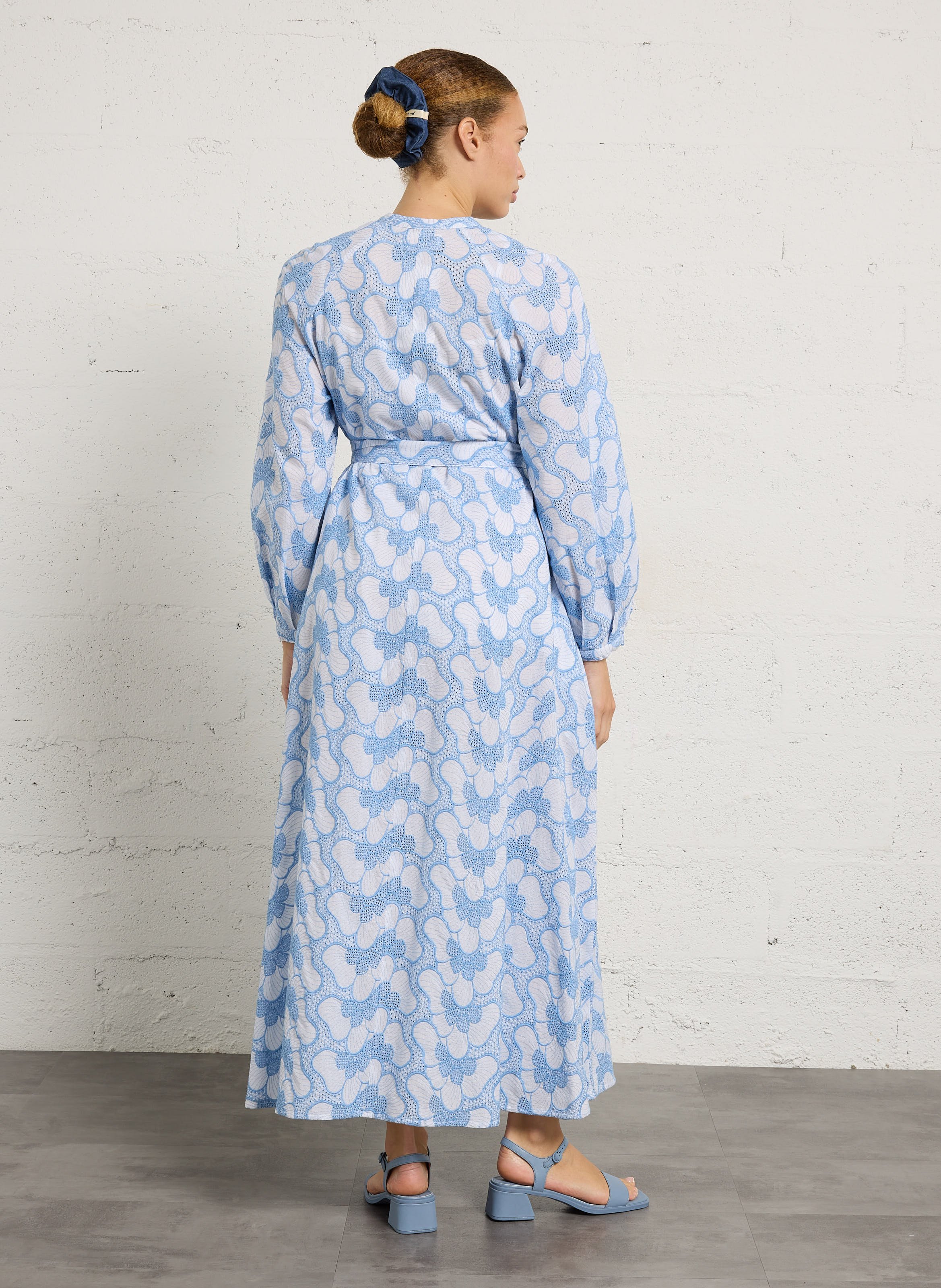 Long cotton dress with round neck SUNDRESS Blue