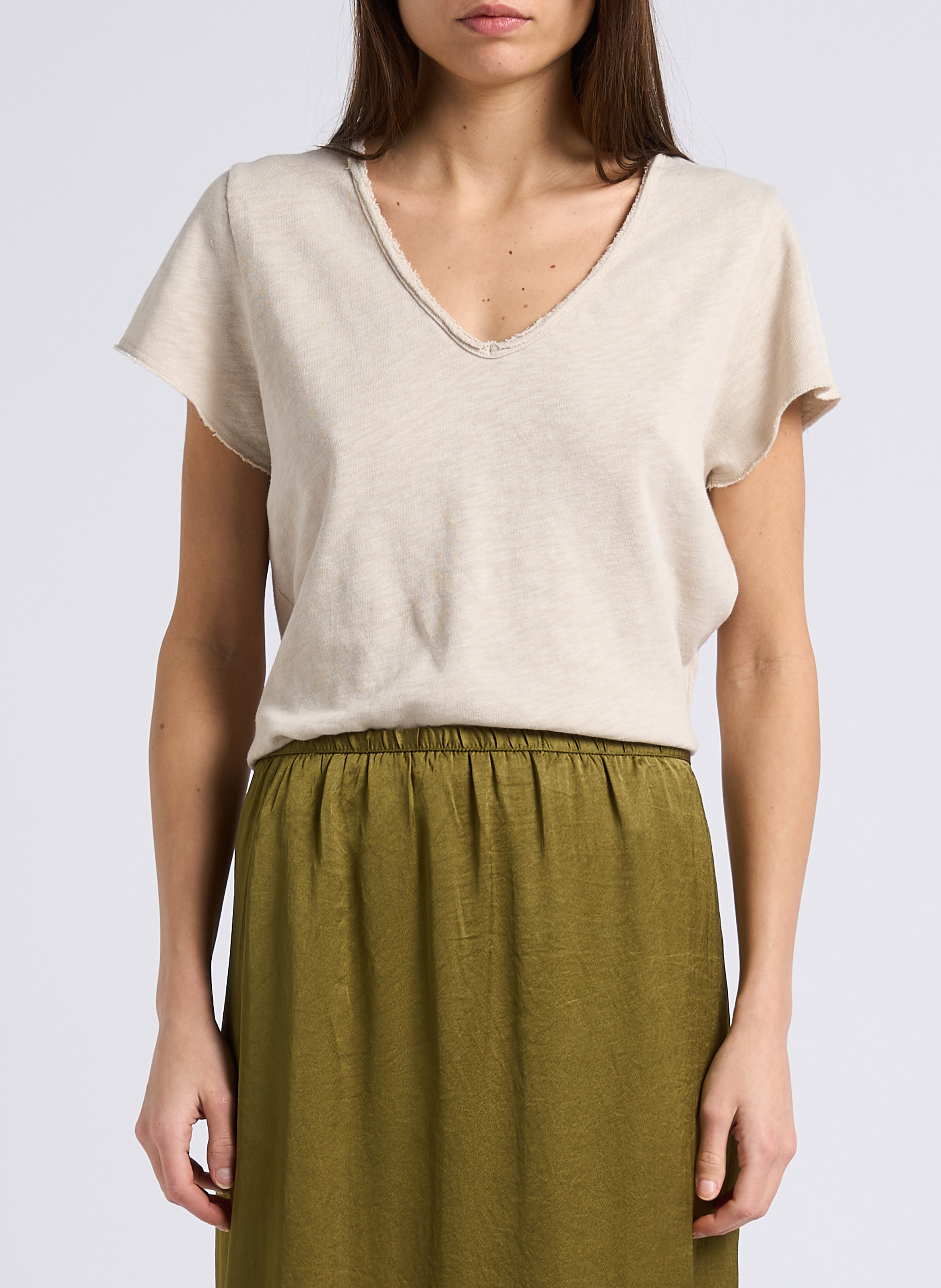 Tee-shirt droit col V en coton AMERICAN VINTAGE Beige
