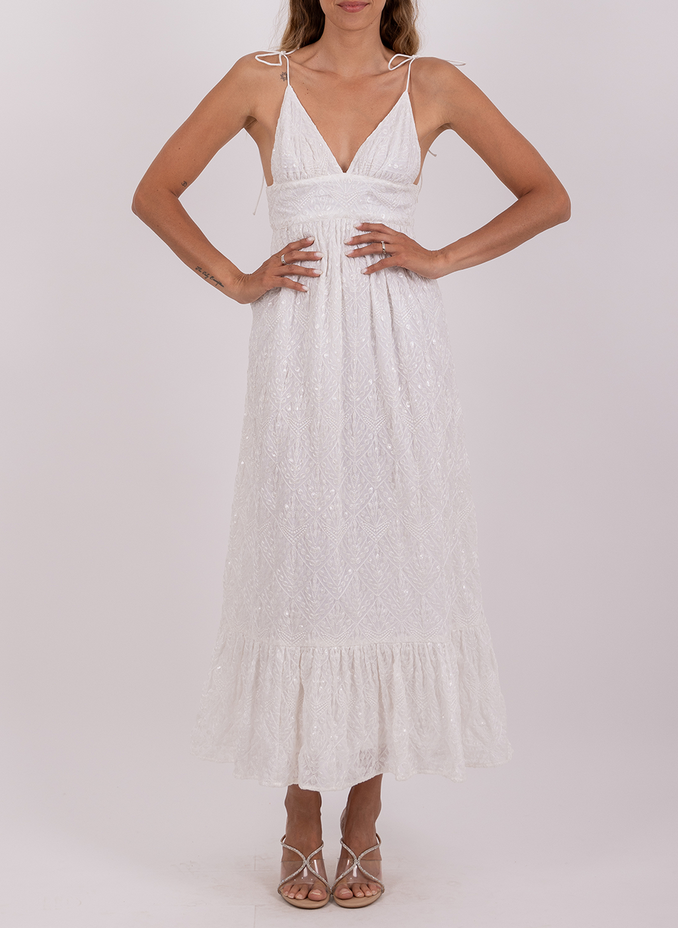 Long embroidered dress with thin straps SUNDRESS White