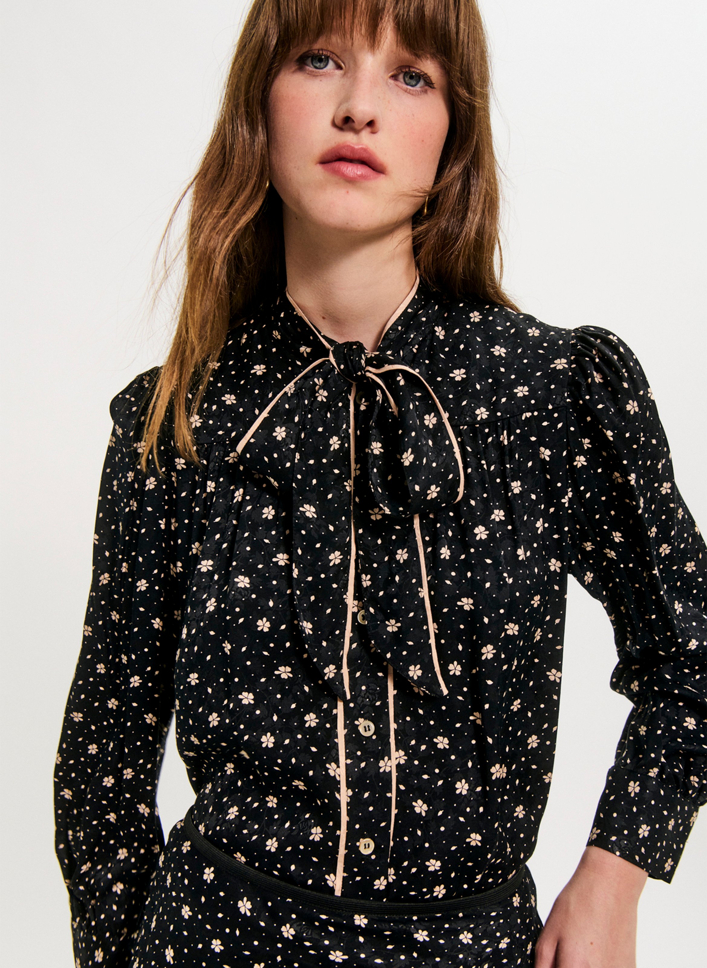 Chemise col lavallière à motif fleuri PABLO Noir